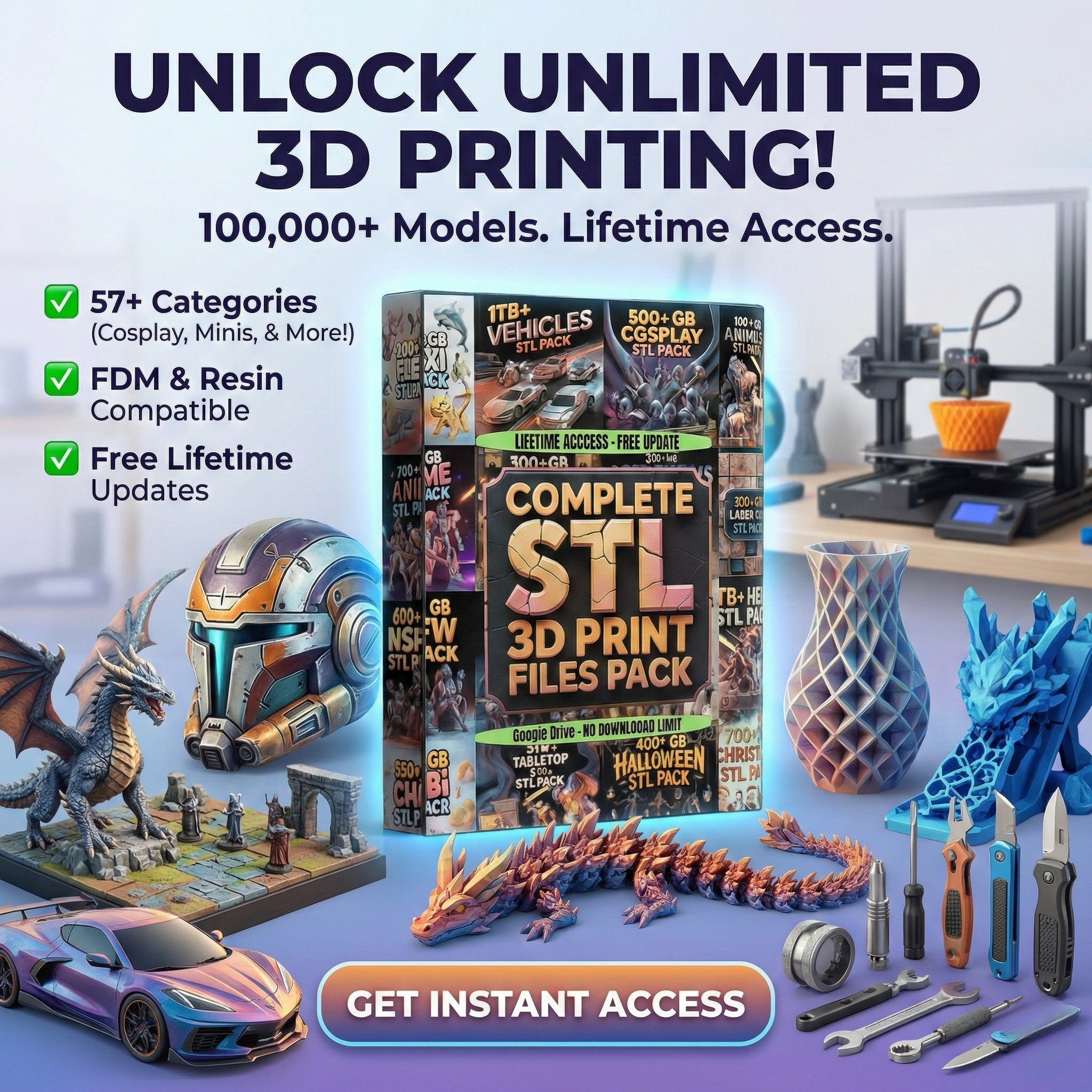 Infinite Prints Facebook ad: Every STL File You'll Ever Need | 70% OFF + 2 FREE Gifts