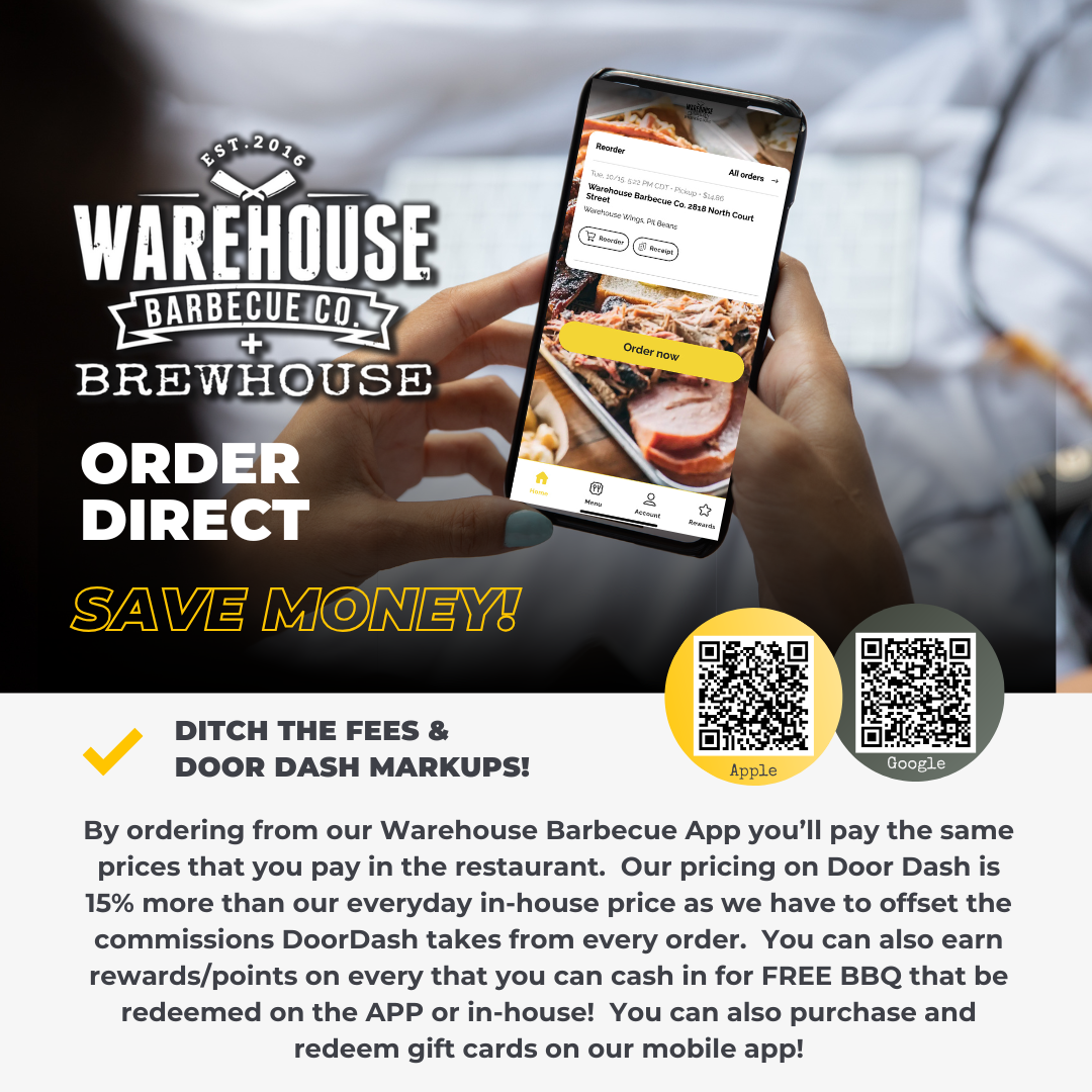 Warehouse Barbecue Co. Facebook ad: Save Money & Earn Rewards