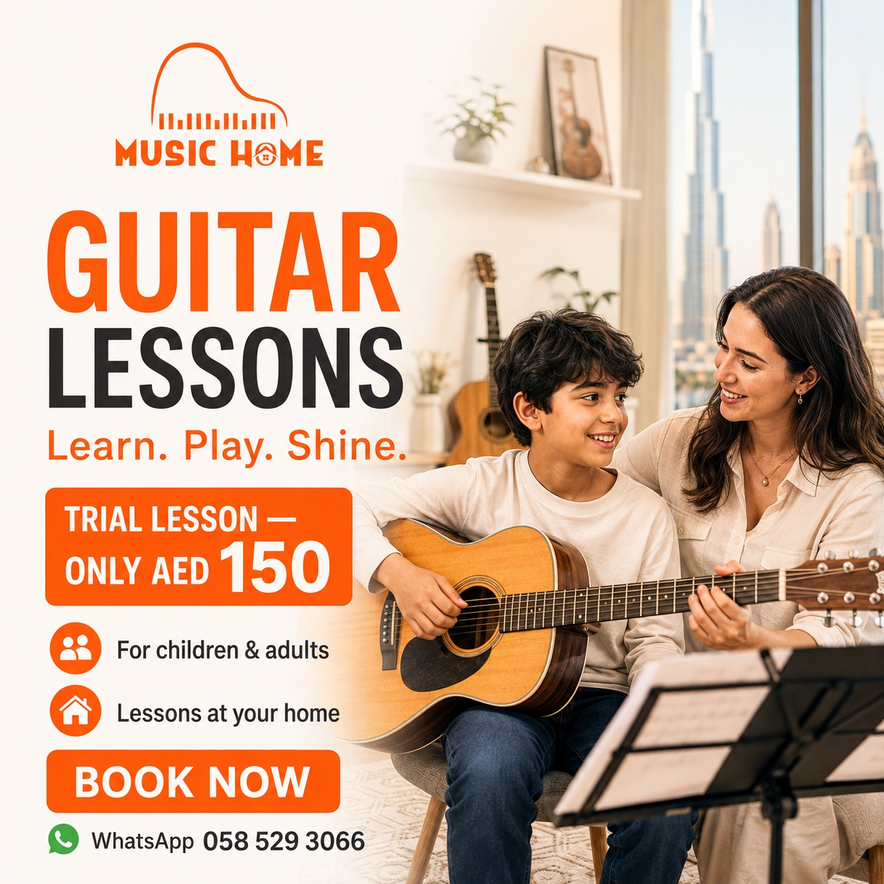 Music Home Dubai Facebook ad: Book Your Guitar Trial Lesson Today!