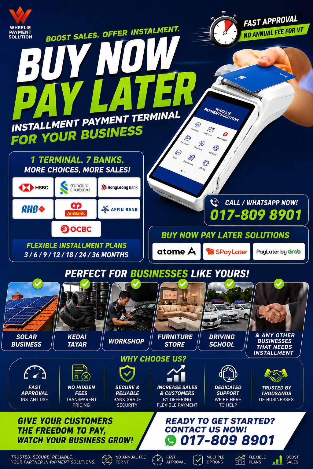 Wheelie Payment Solution Facebook ad: 1 TERMINAL. 7 BANKS.