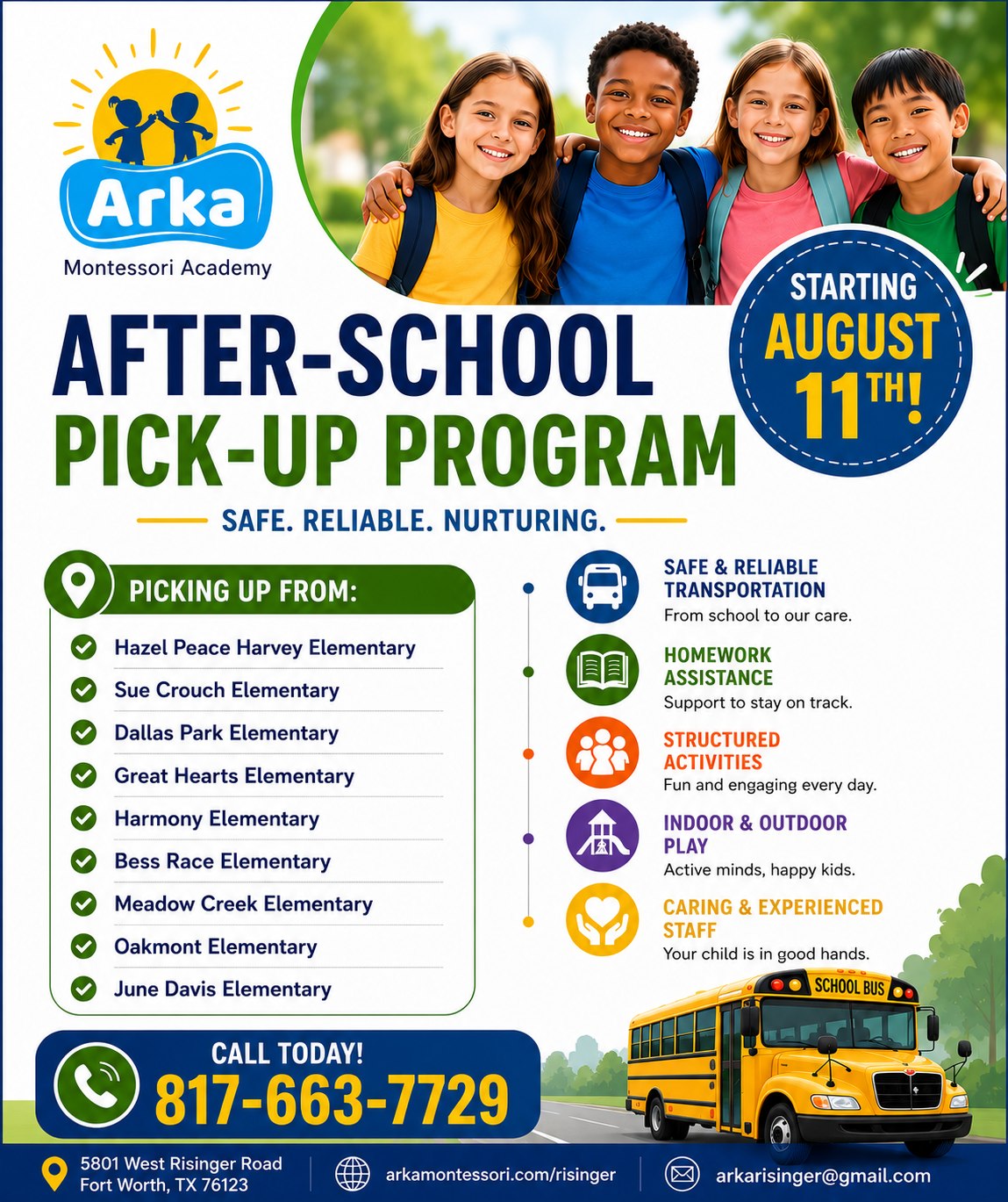 Arka Montessori of Risinger Facebook ad: After-School Pick-Up Starts August 11!