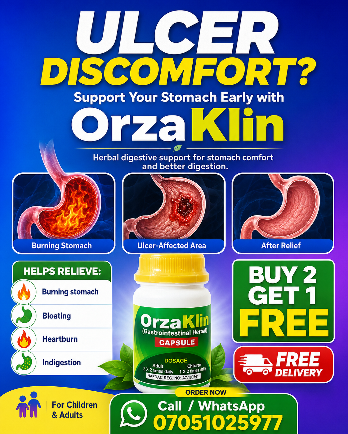 SunnyG natura Facebook ad: Tired of Ulcer-Related Discomfort? Buy 2 Get 1 Free Today