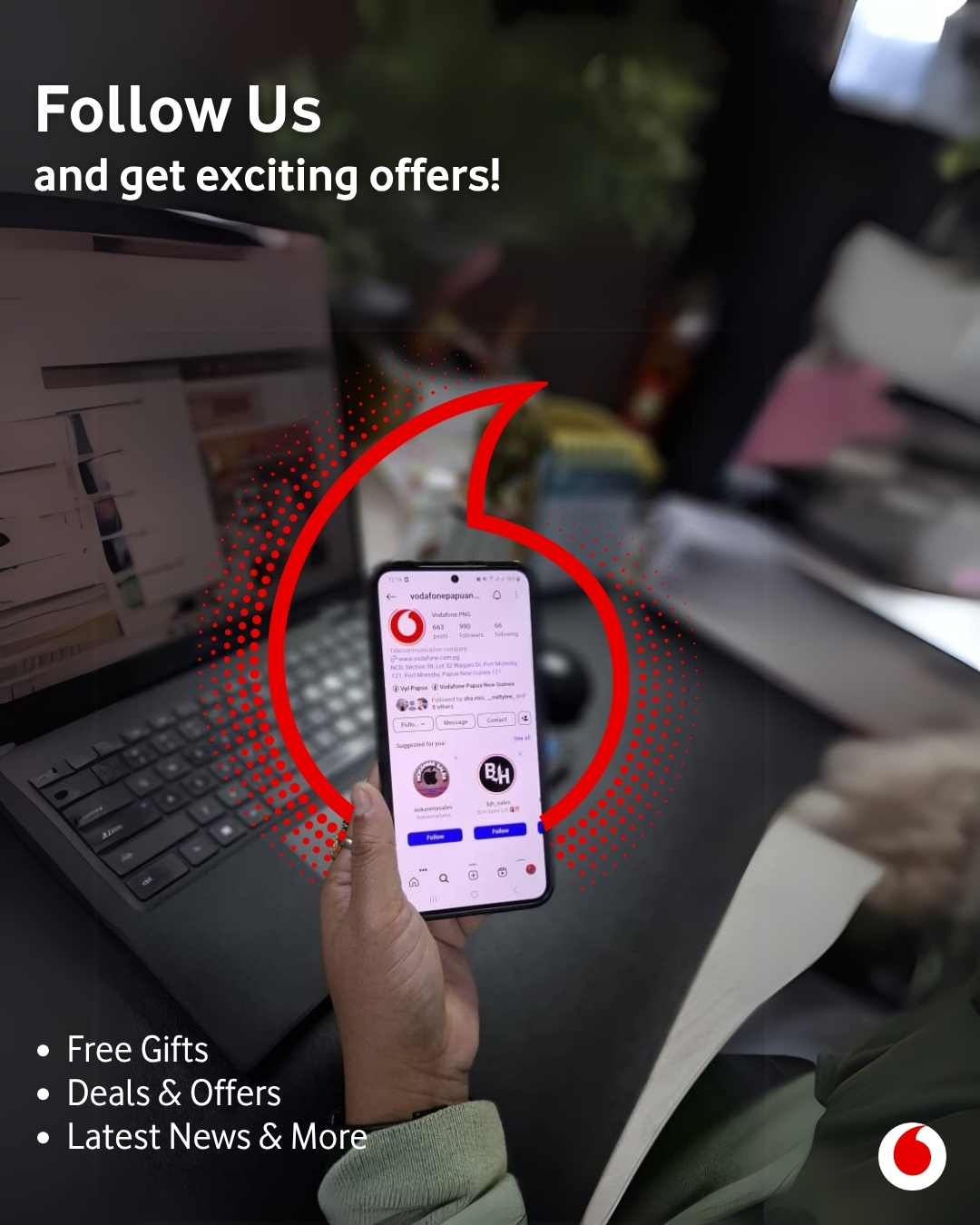 Vodafone Papua New Guinea Facebook ad: Follow this page and don’t miss out!