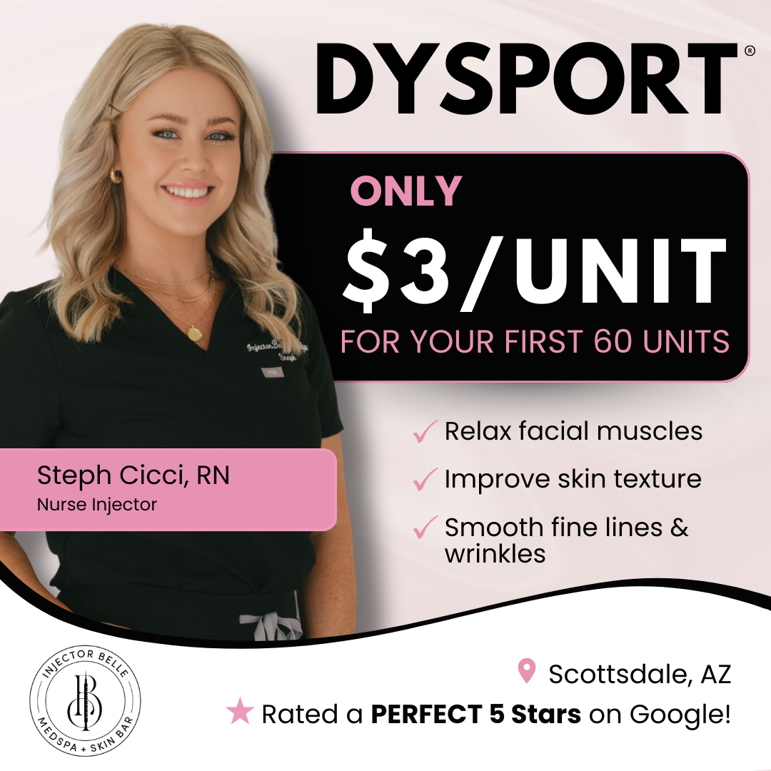 injector.belle Facebook ad: Dysport ONLY $3/unit for your first 60 units!