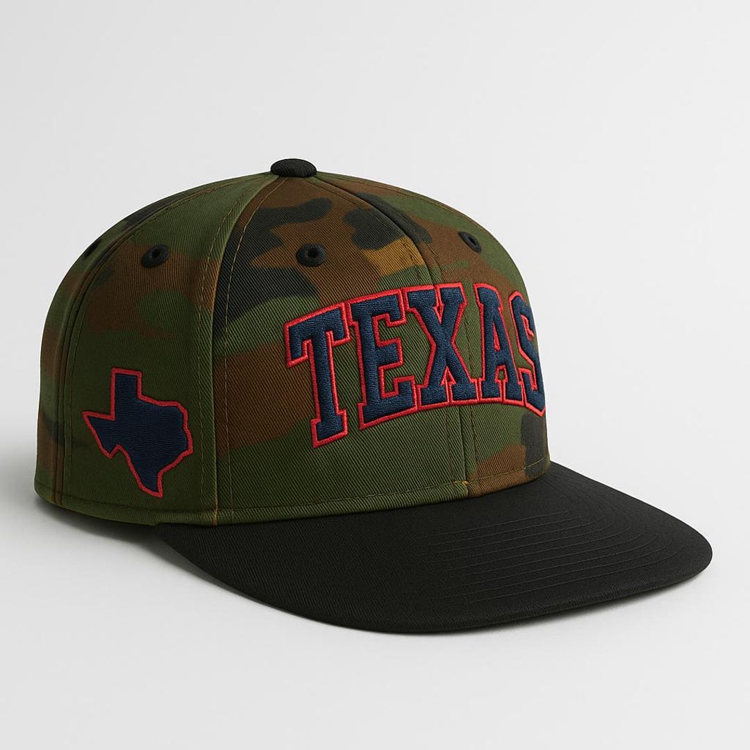Khong Vu Embroidery Facebook ad: Texas Embroidered Hat, State Outline Side Patch Cap…