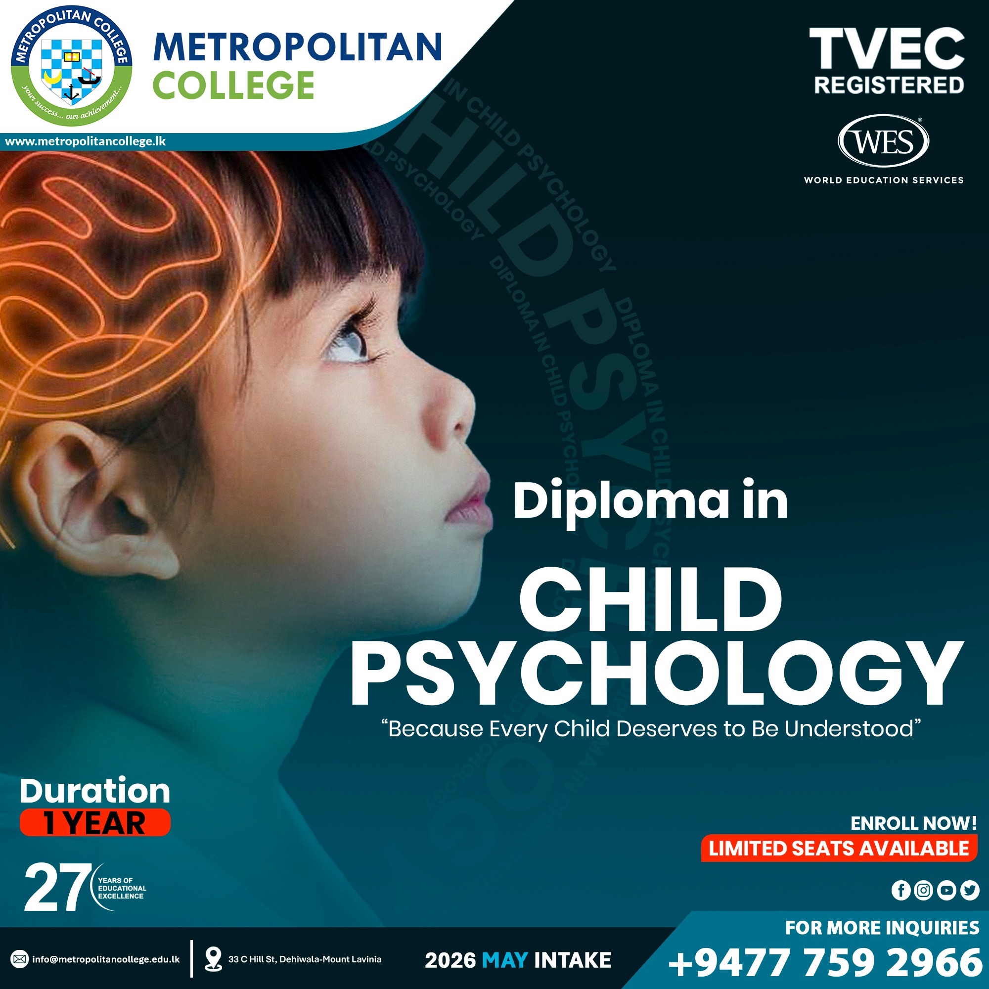 Metropolitan College Facebook ad: Start a Meaningful Career in Child Psychology
