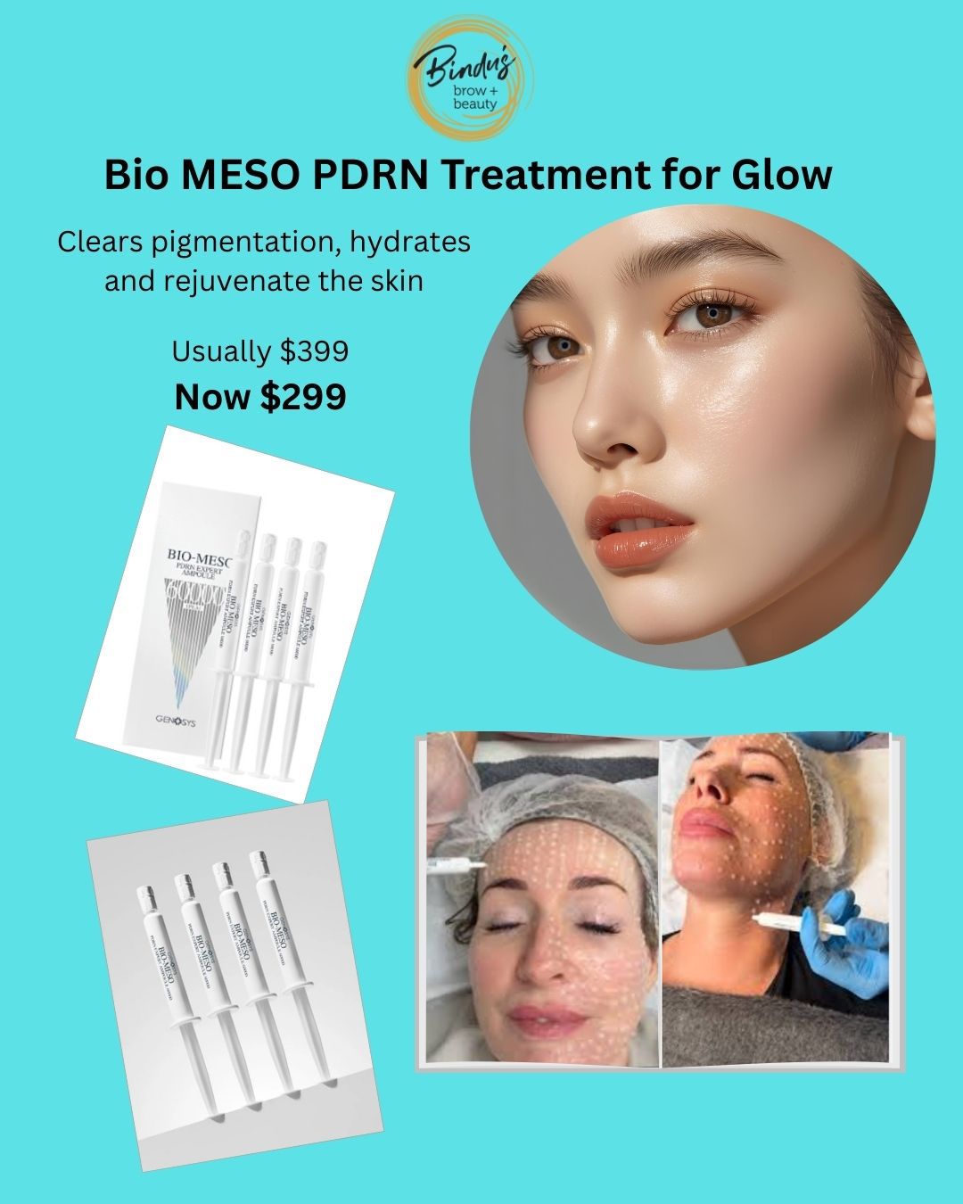 Bindu’s Beauty and Academy Facebook ad: Get the Ultimate Glow with Bio Meso PDRN Treatment!
