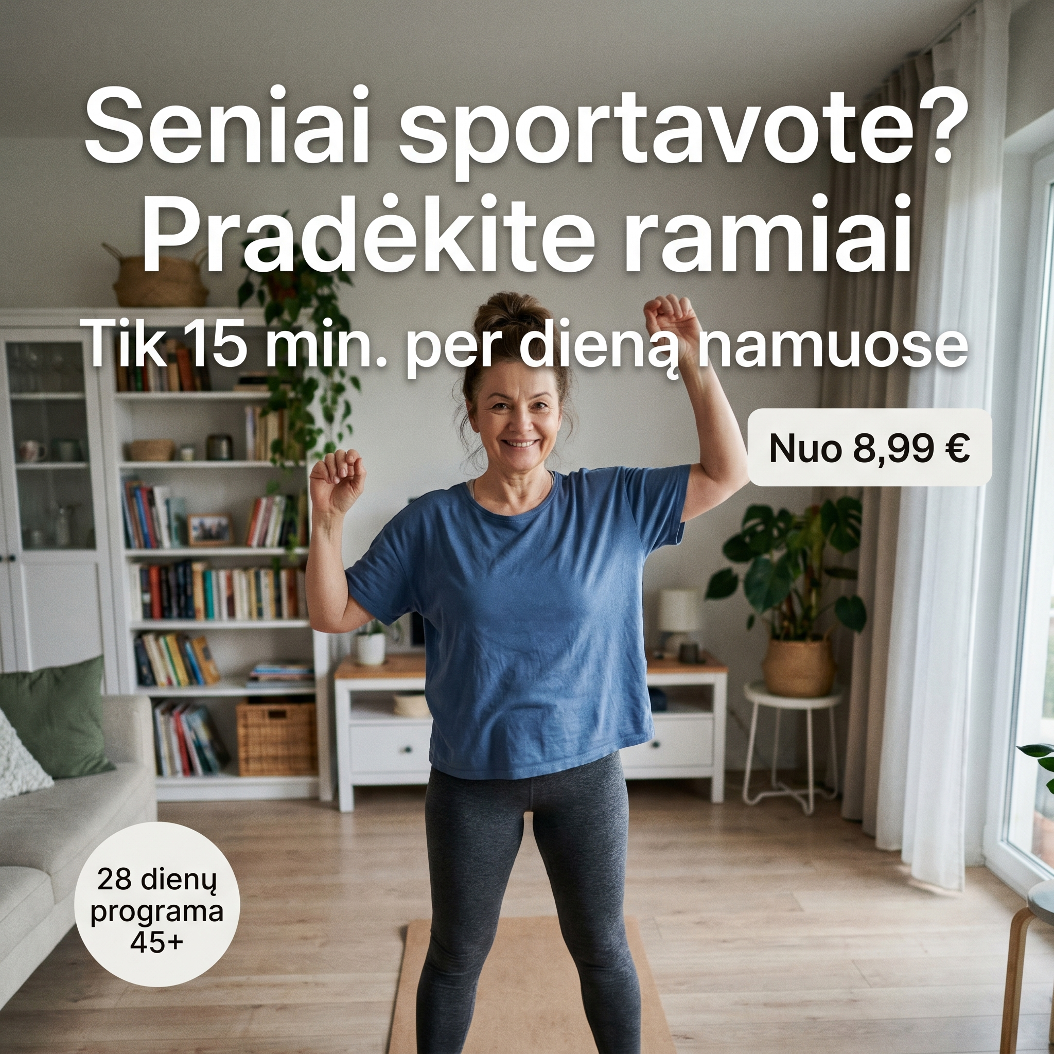 Sportas45.lt Facebook ad: Vos 8,99 € už 28 dienų judėjimo iššūkį 45+ žmonėms
