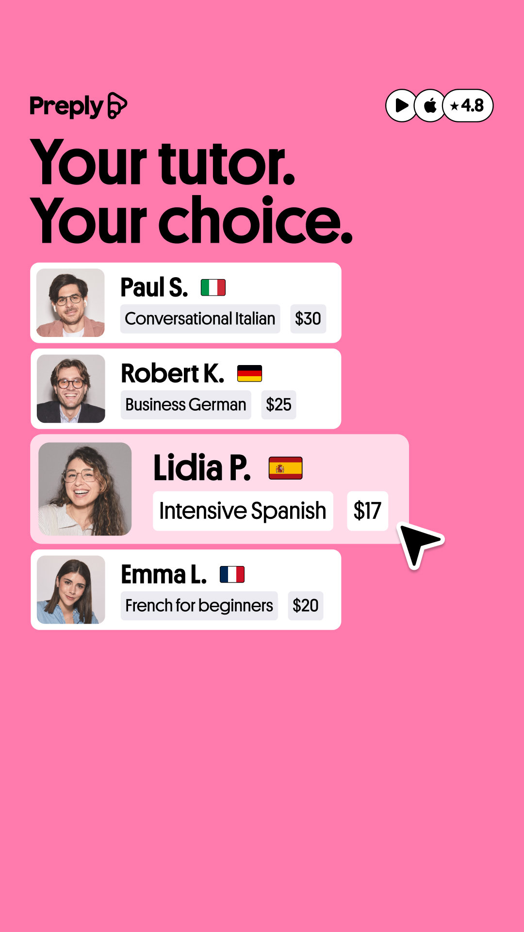 Preply Facebook ad: Expert tutors, real results