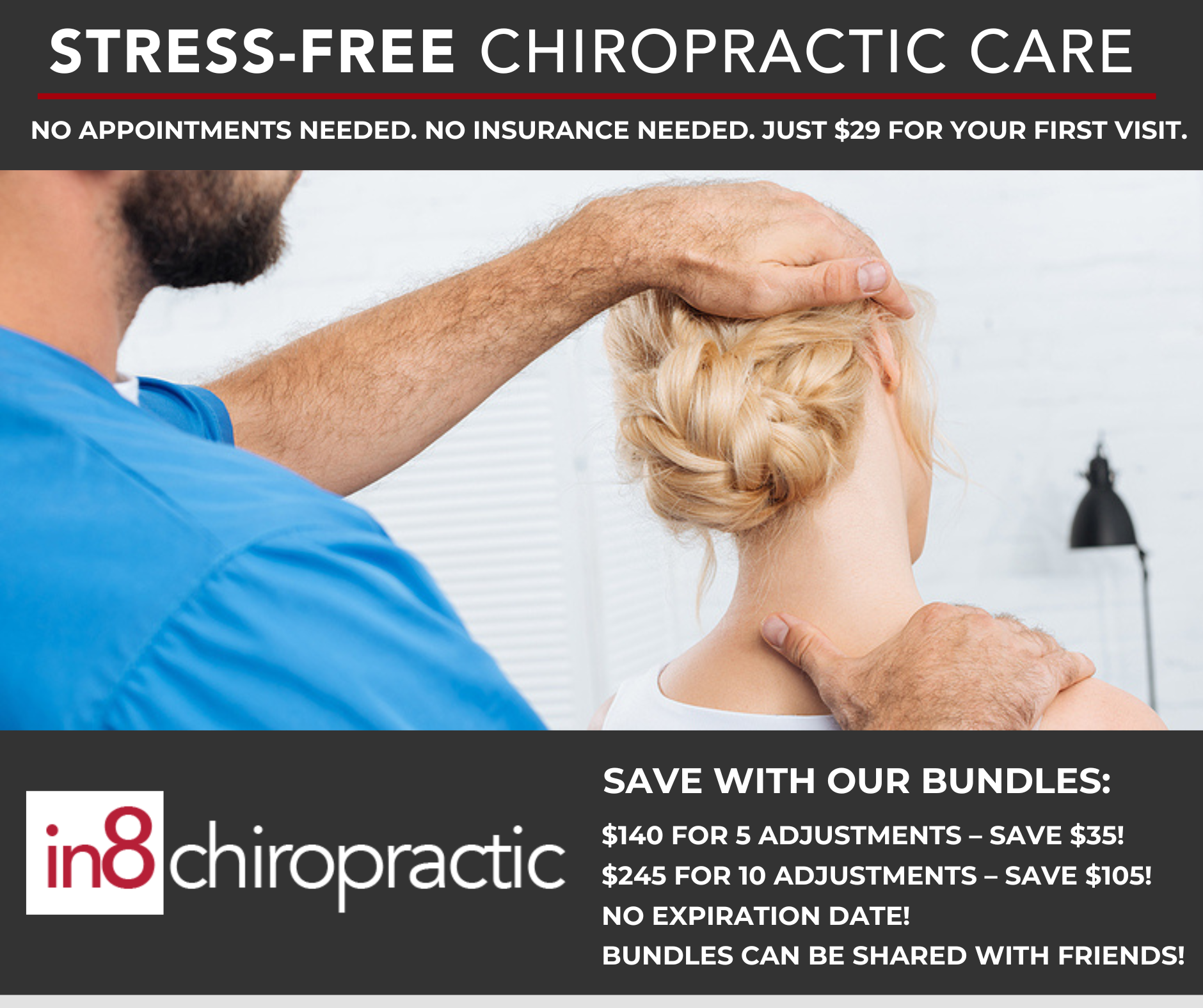 in8 Chiropractic Facebook ad: Stress-Free Chiropractic Care