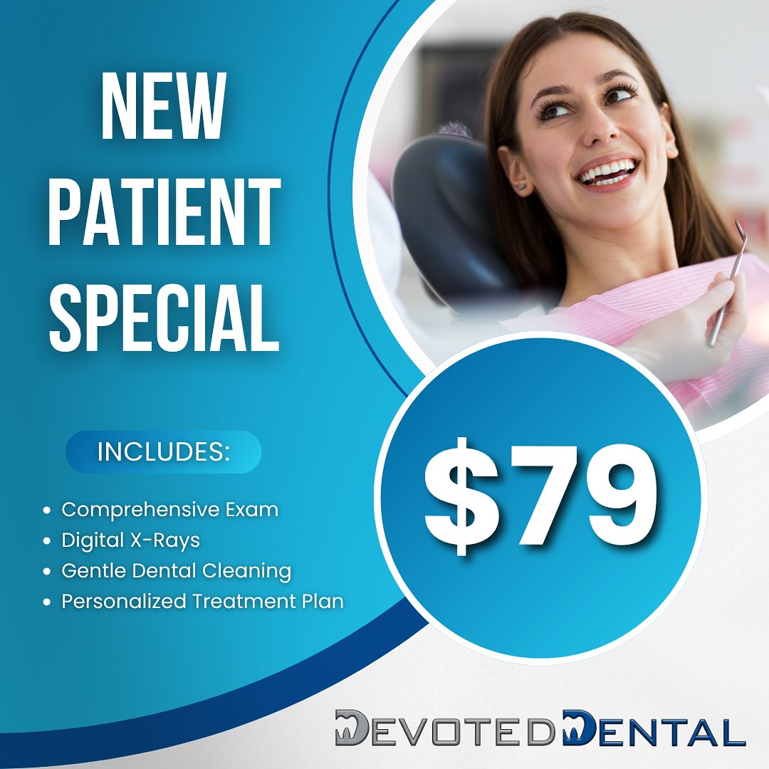 Devoted Dental Facebook ad: Cleaning, Exam, & X-Rays For $79