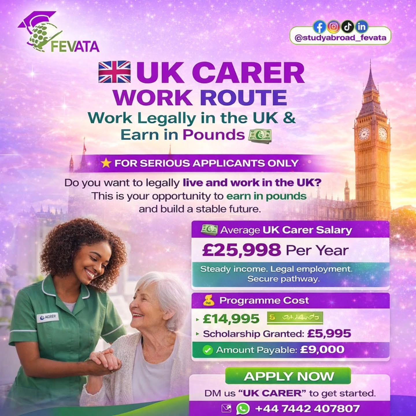 Study Abroad Fevata Facebook ad: UK CARER WORK ROUTE