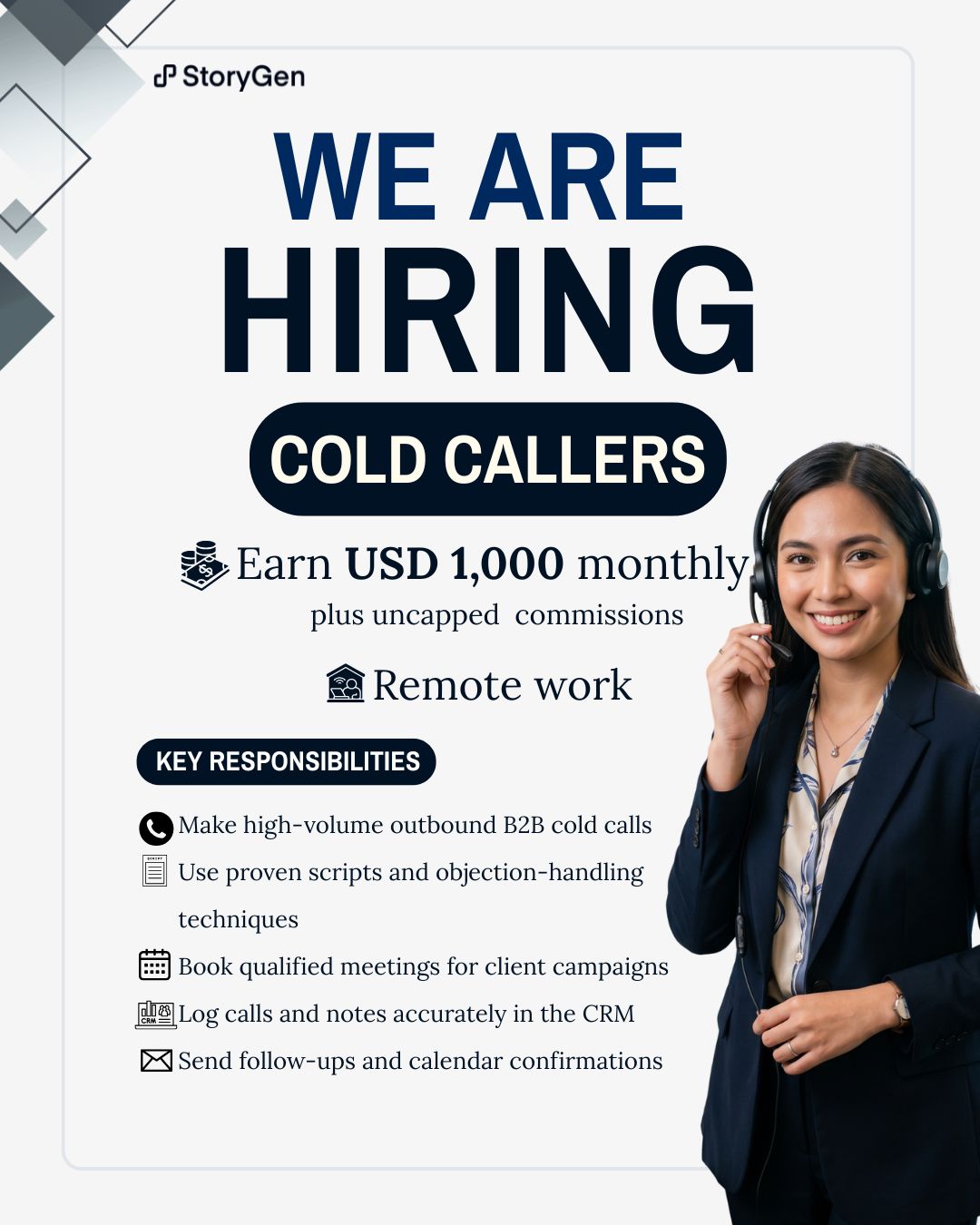 StoryGen Facebook ad: Tired of cold calling jobs with low pay and no real growth?