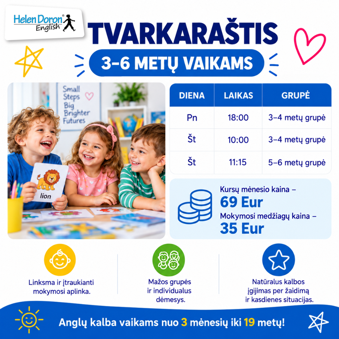 Helen Doron English Vilnius Facebook ad: Anglų kalbos kursai vaikams Naujamiestyje