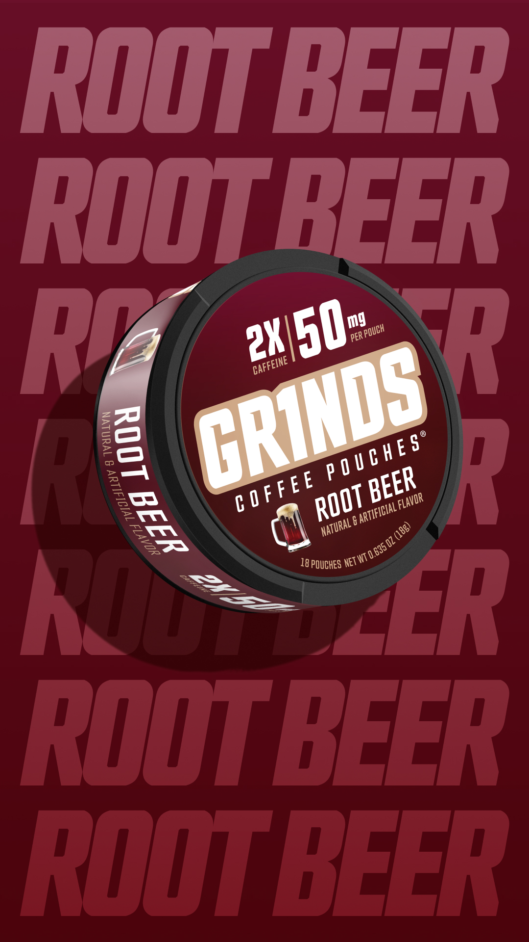 Grinds Pouches Facebook ad: Root Beer Coffee Pouches