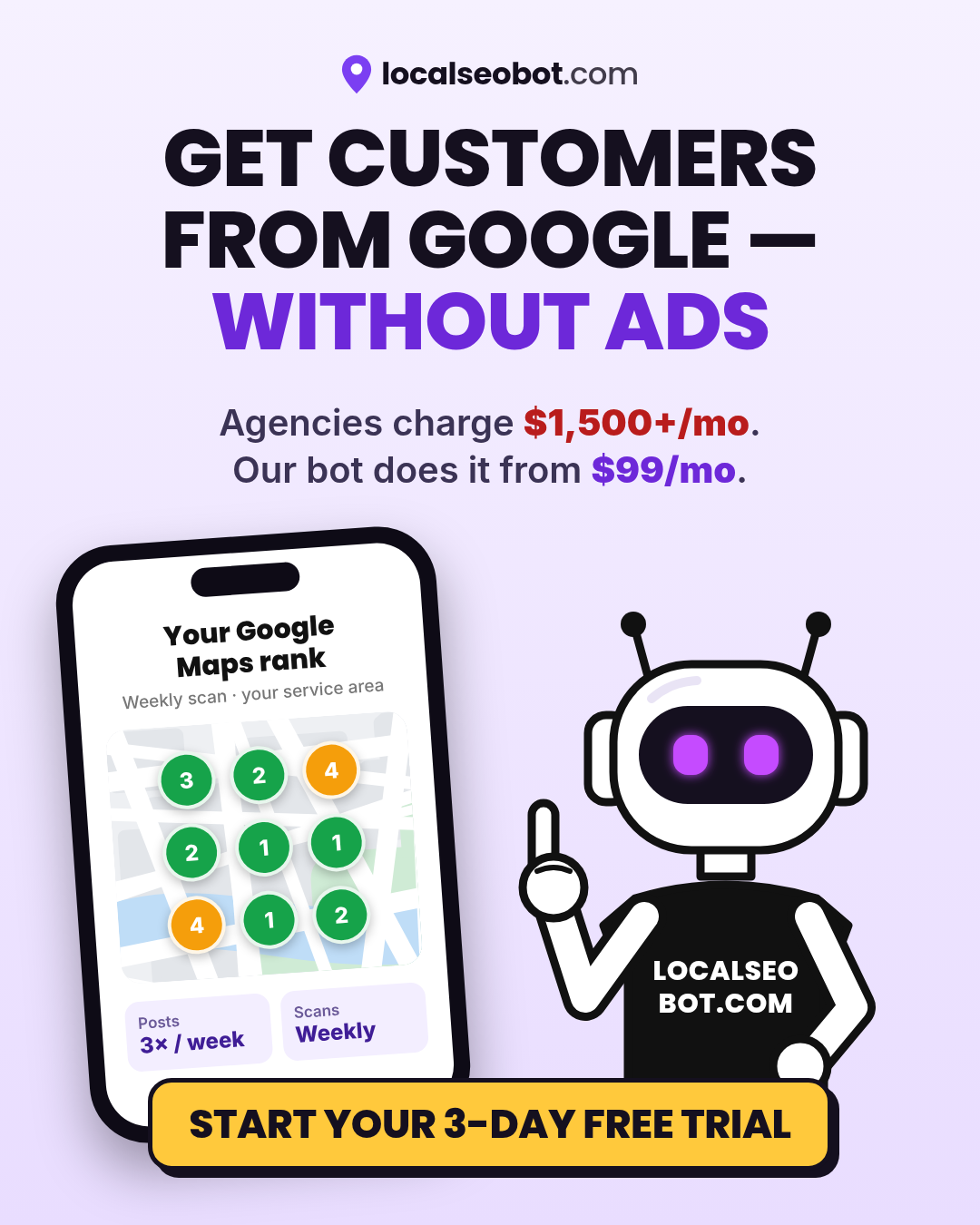 Local SEO Bot Facebook ad: Rank in the Top 3 on Google Maps, or You're Invisible