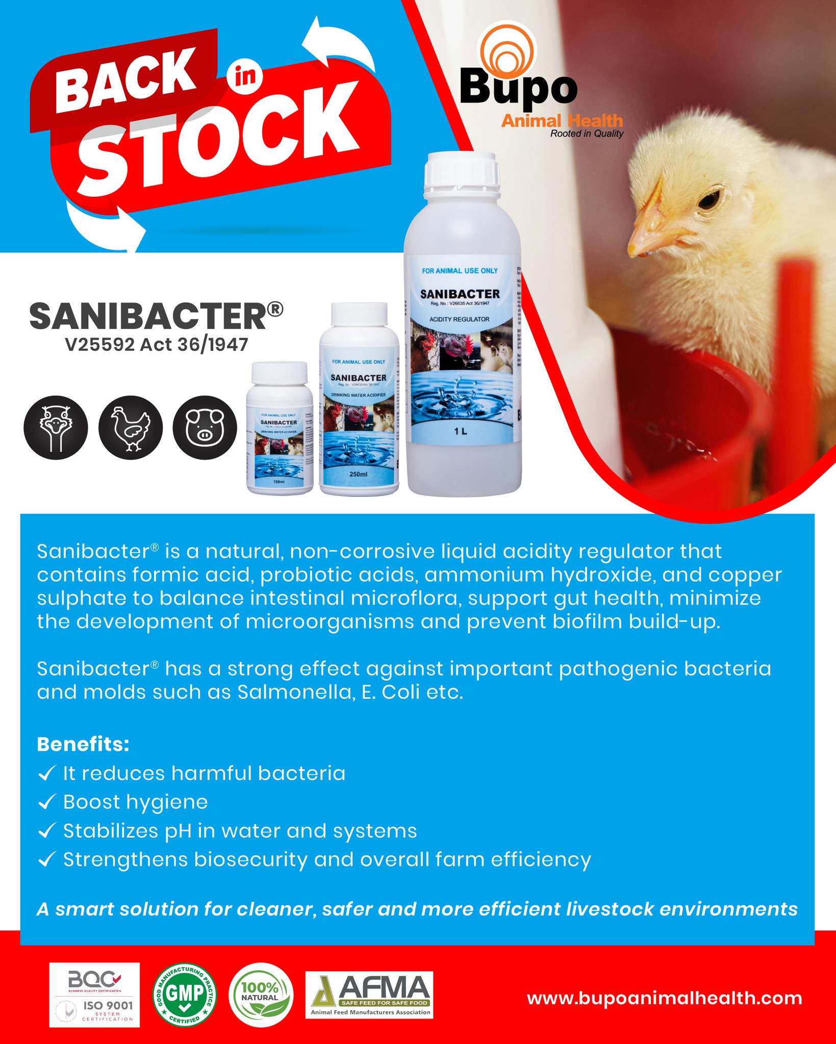Bupo Animal Health Facebook ad: Sanibacter is a natural, non-corrosive liquid acidity…