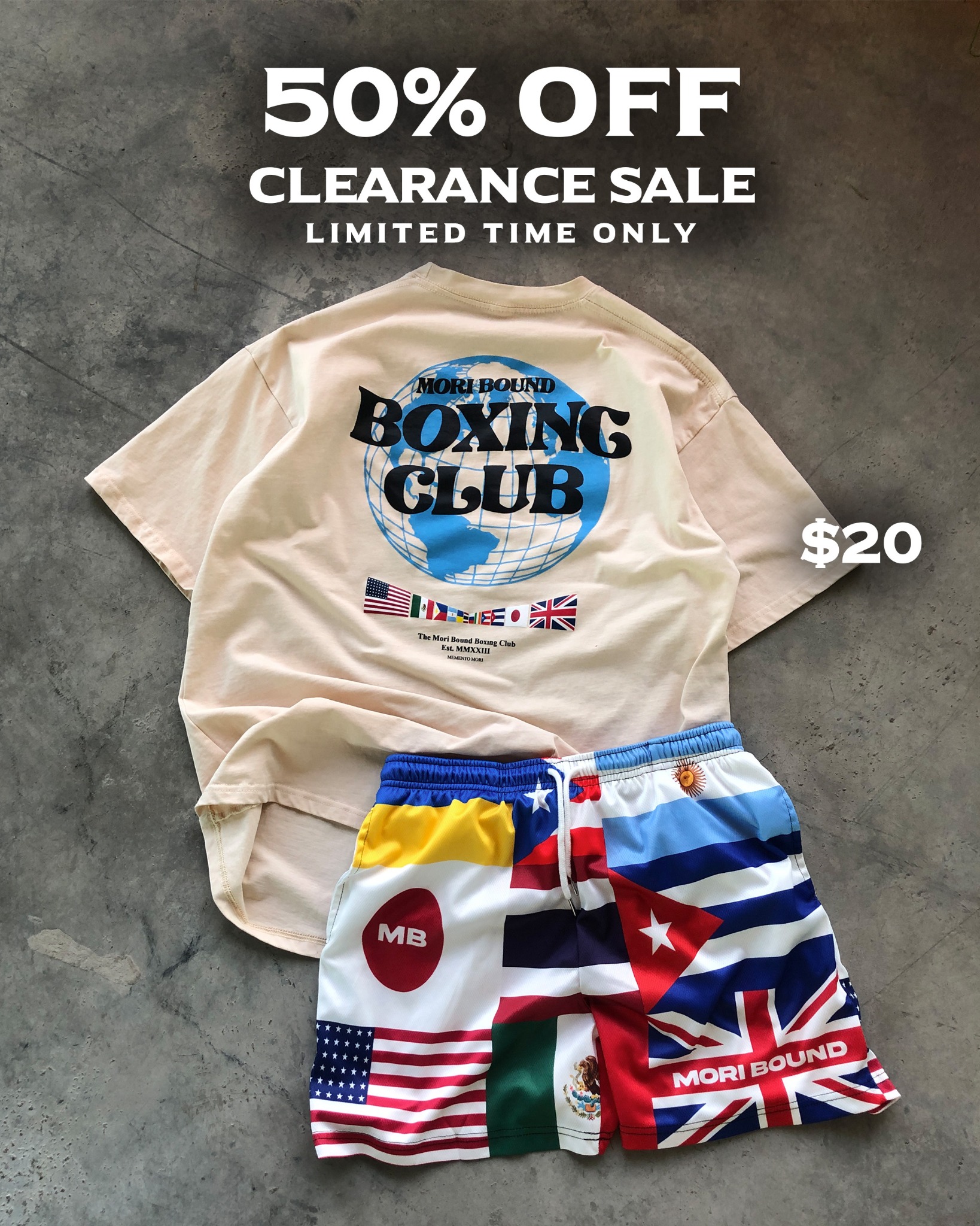 Mori Bound Facebook ad: CLEARANCE SALE // 50% OFF