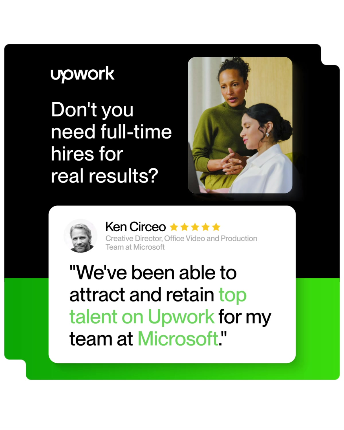 Upwork Facebook ad: Top talent, zero overhead