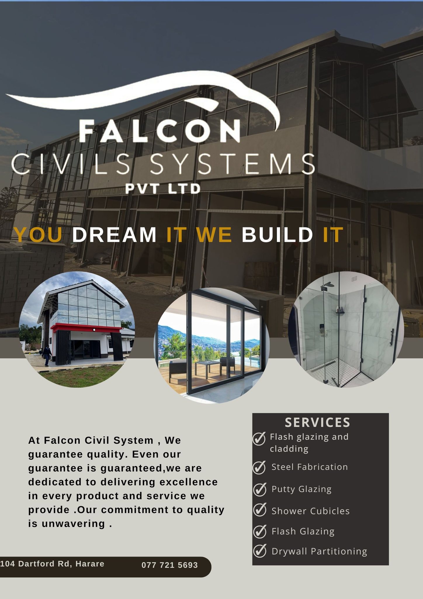 Falcon Aluminium,steel and interior designs Facebook ad: Strong. Modern. Long-lasting.