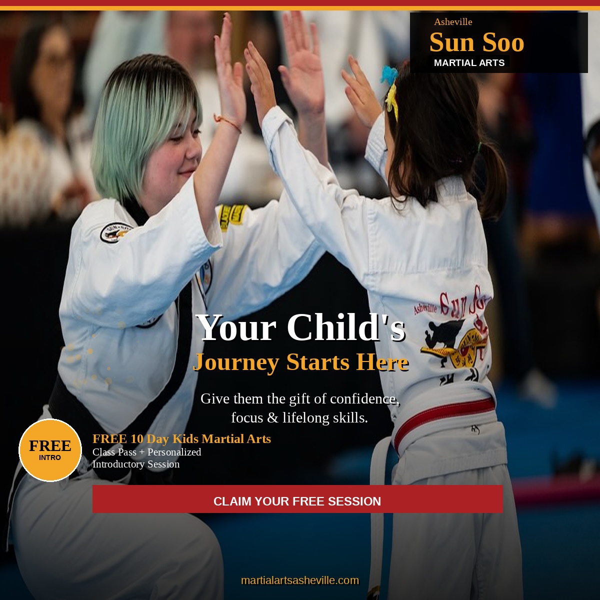 Asheville Sun Soo Martial Arts Facebook ad: Want a FREE 10 Day Kids Martial Arts Class Pass With A…