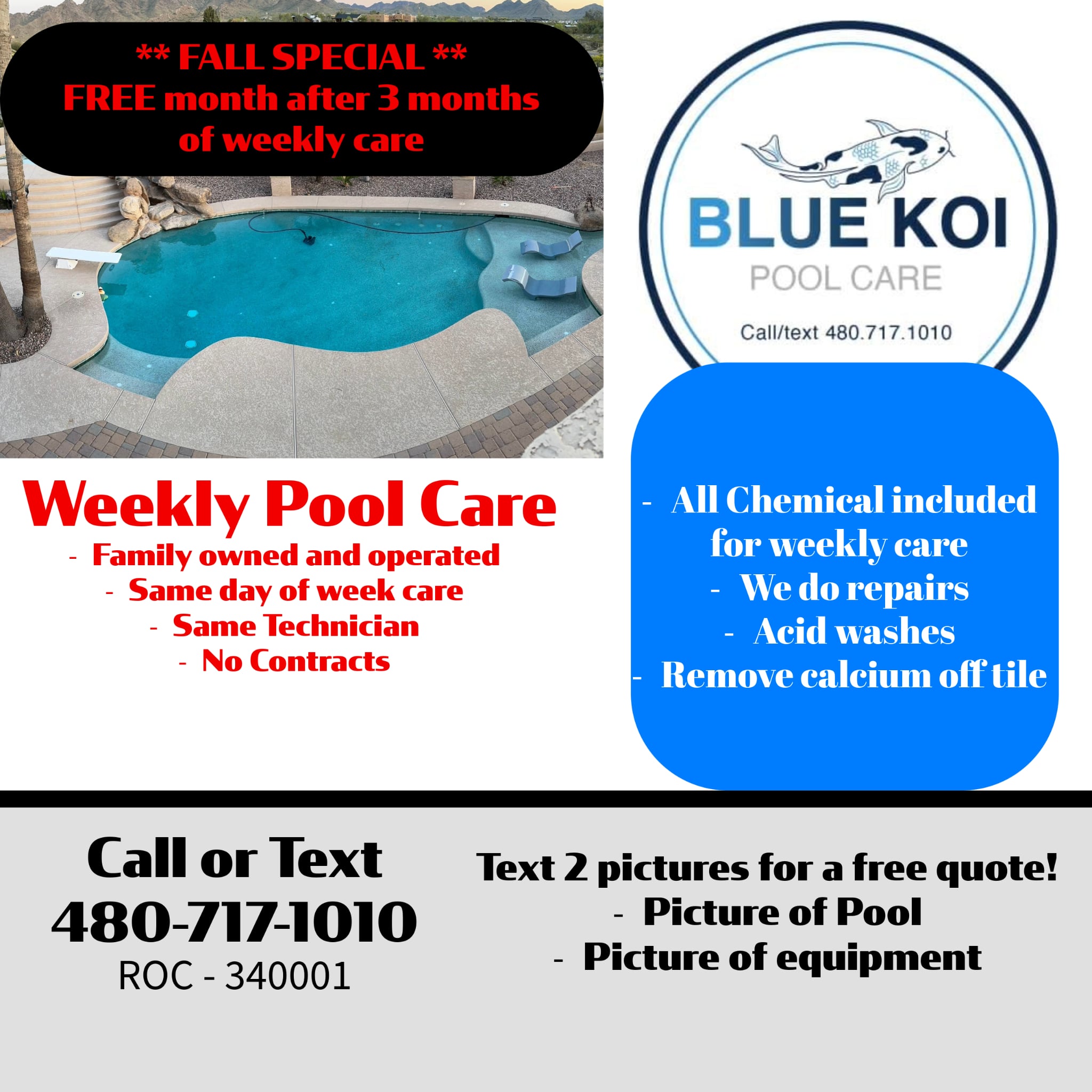 Blue Koi Pool Care Facebook ad: NEW CLIENT SPECIAL