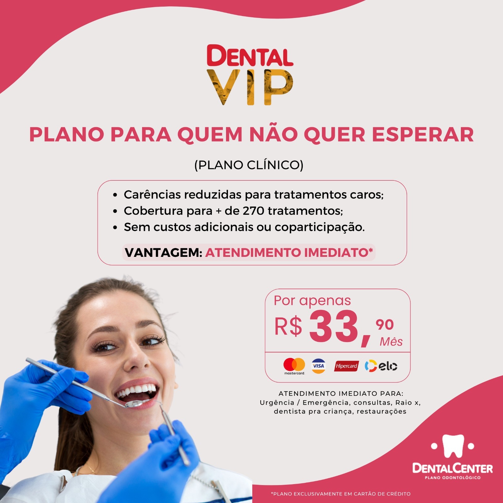 Dental Center Facebook ad: Plano com carência de 1 min por R$ 33,90/mês