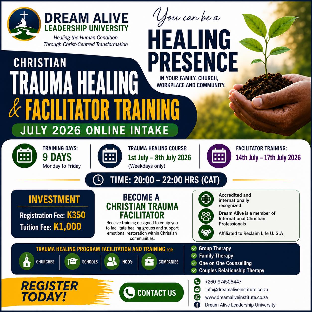 Dream Alive Leadership University Facebook ad: BECOME A CHRISTIAN TRAUMA FACILITATOR