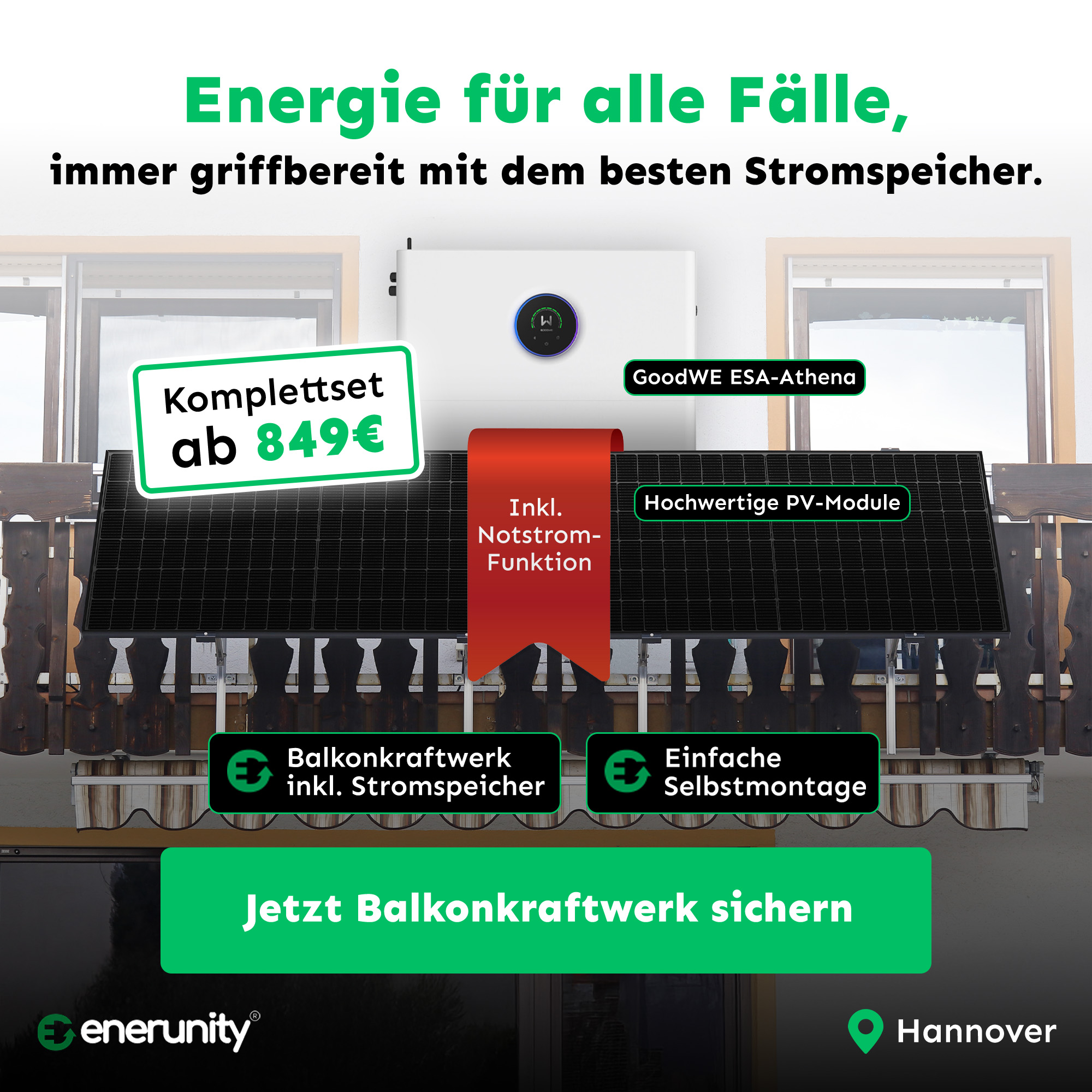 Enerunity Facebook ad: Balkonkraftwerk ab 849 €