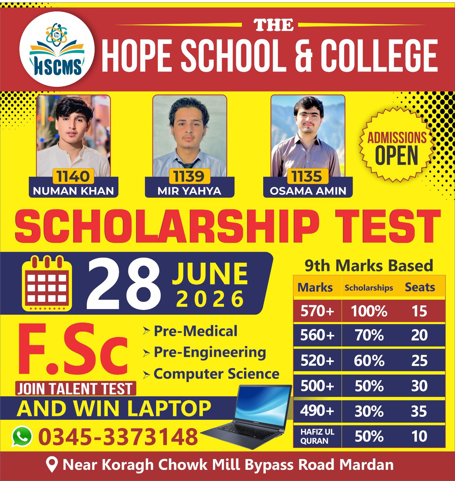 The Hope College Mardan Facebook ad: F.Sc Scholarship Test