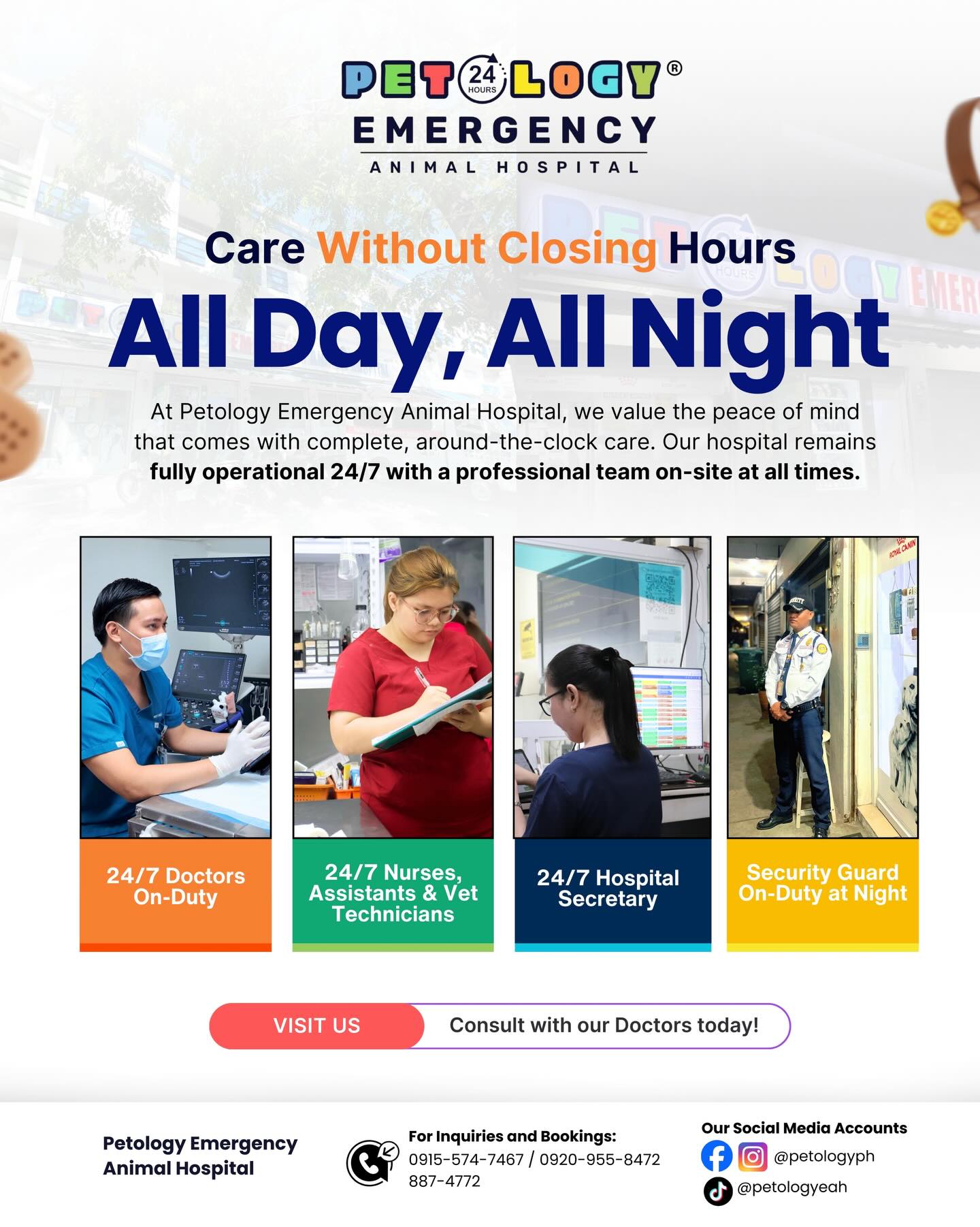 Petology Emergency Animal Hospital Facebook ad: OUR DOORS ARE OPEN 24/7