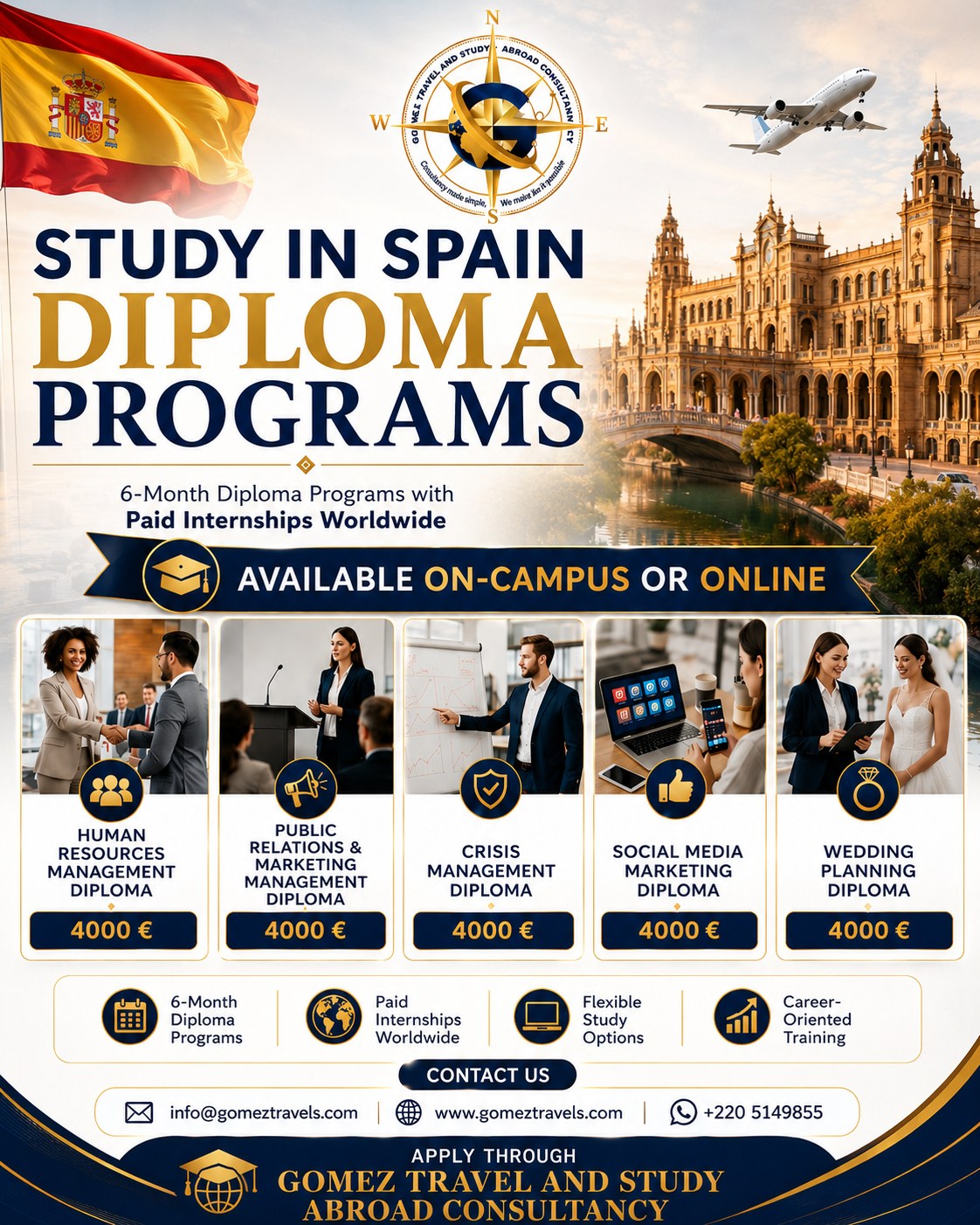Gomez Travel and Study Abroad Consultancy Ltd Facebook ad: STUDY IN SPAIN, DIPLOMA PROGRAMS NOW OPEN!