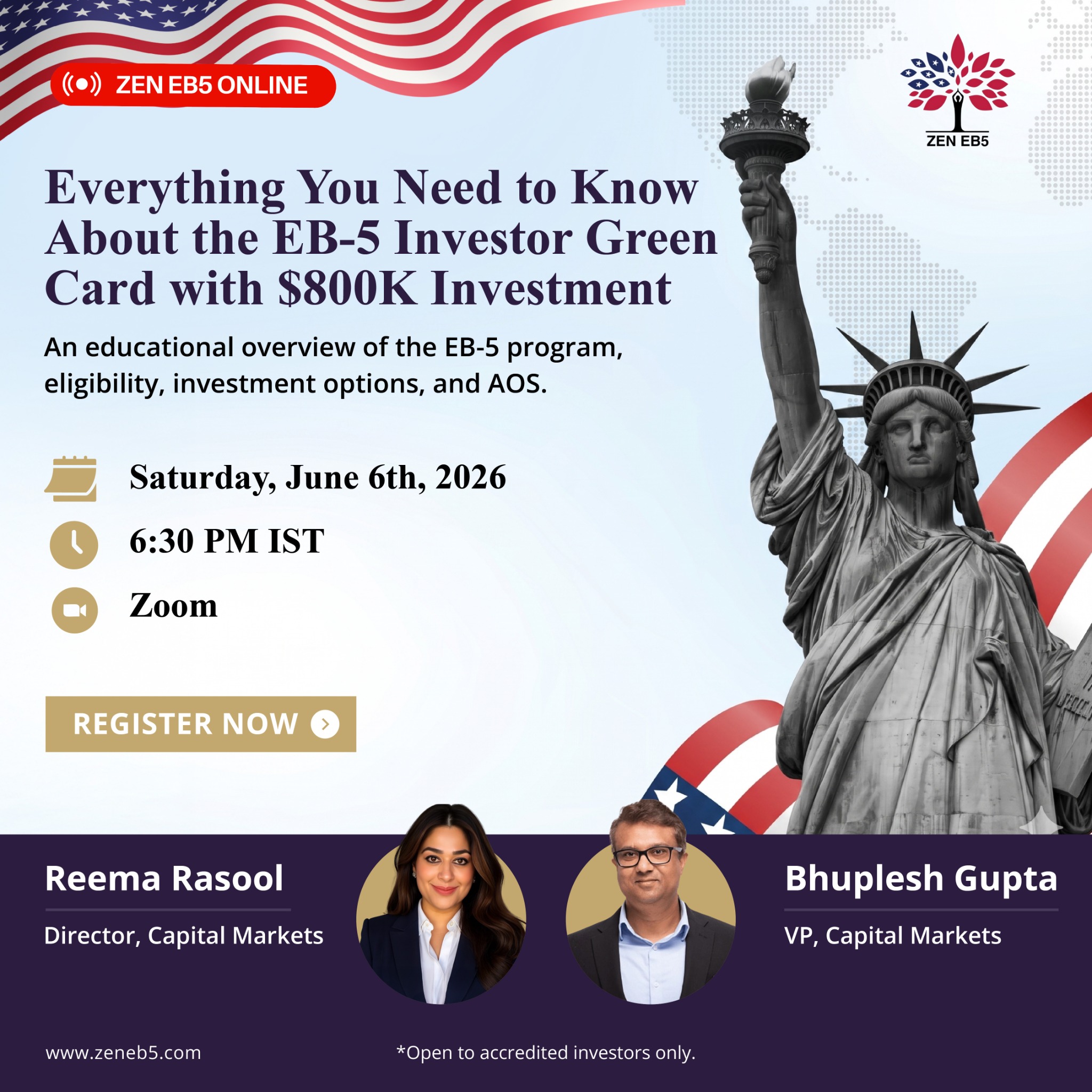 ZEN EB5 Facebook ad: Live EB-5 Webinar for Indian Investors & Families