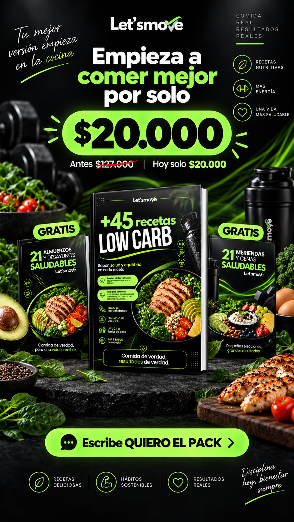 Letsmove Facebook ad: +45 Recetas Low Carb + 2 Bonos Gratis