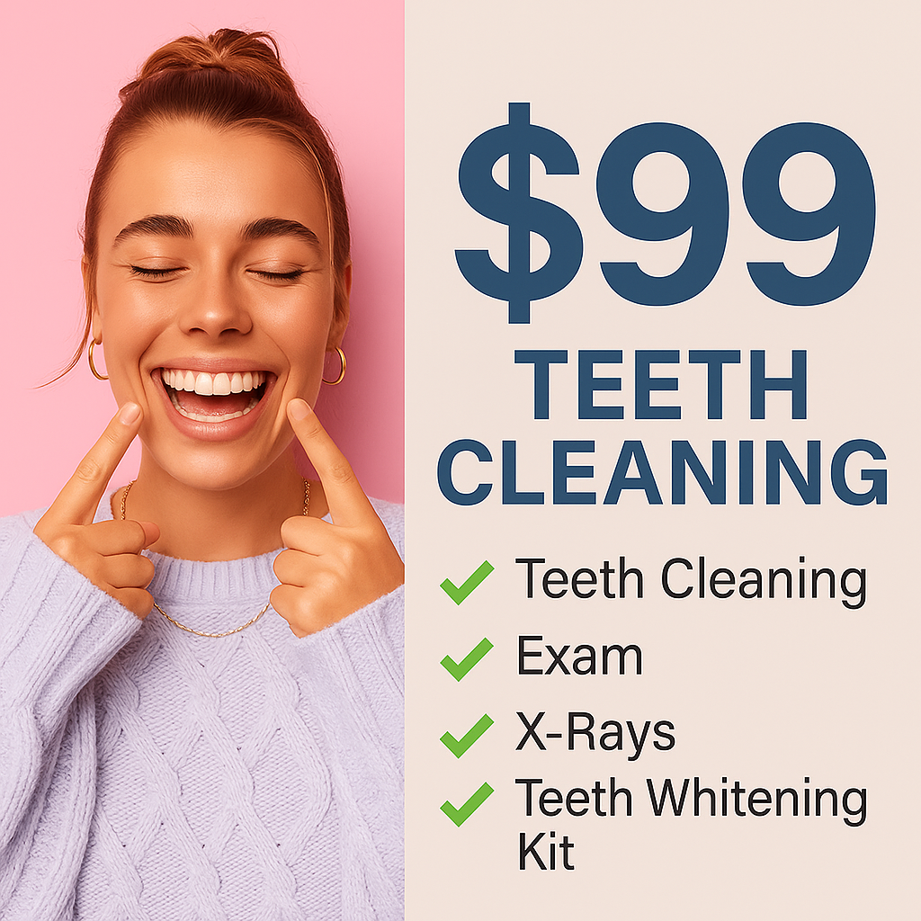 Apple A Day Dental Facebook ad: $99 Teeth Cleaning, Exam, X-rays, & Teeth Whitening Kit!