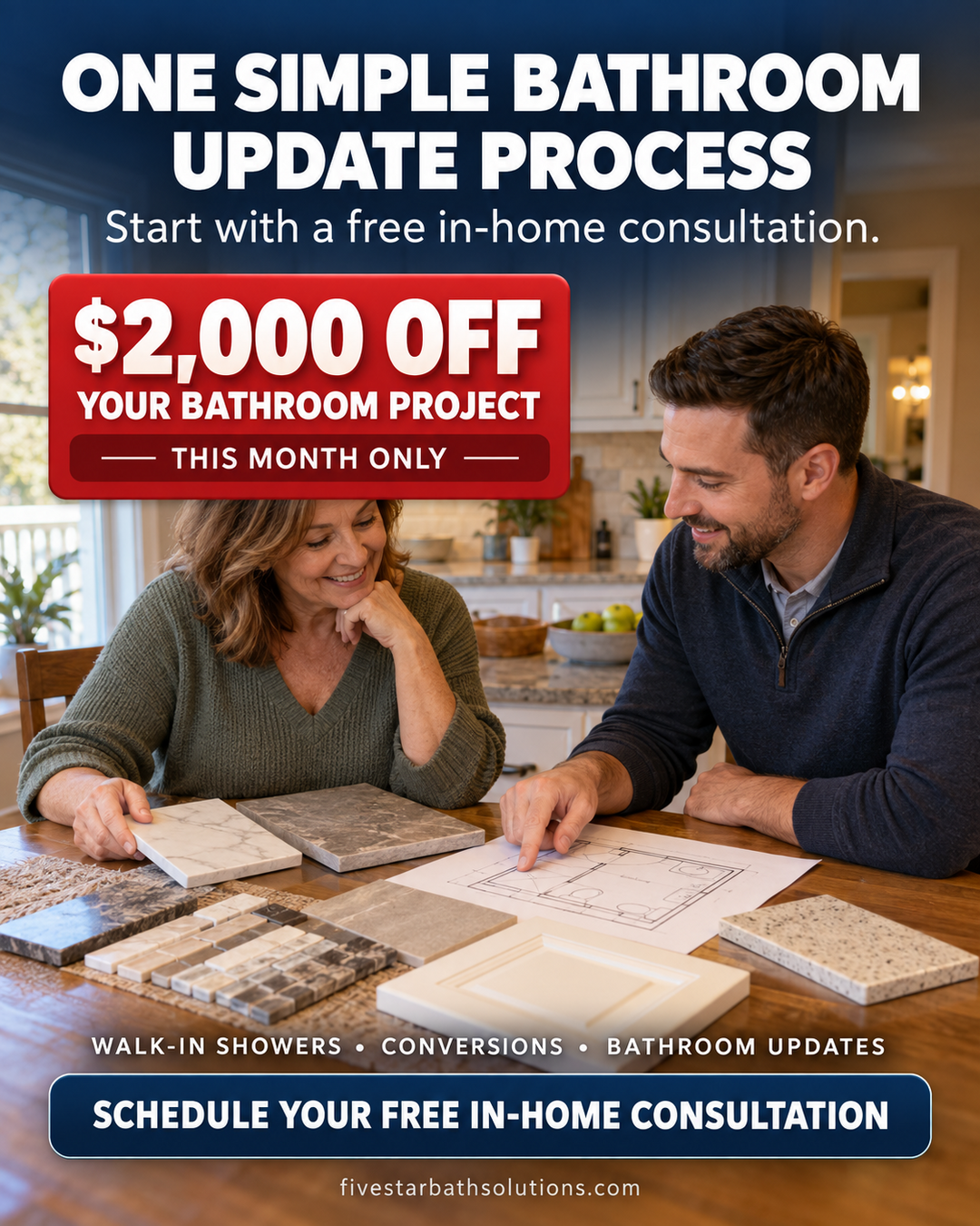 Five Star Bath Solutions of Rockford Facebook ad: Save $2,000 on Your Bathroom Upgrade