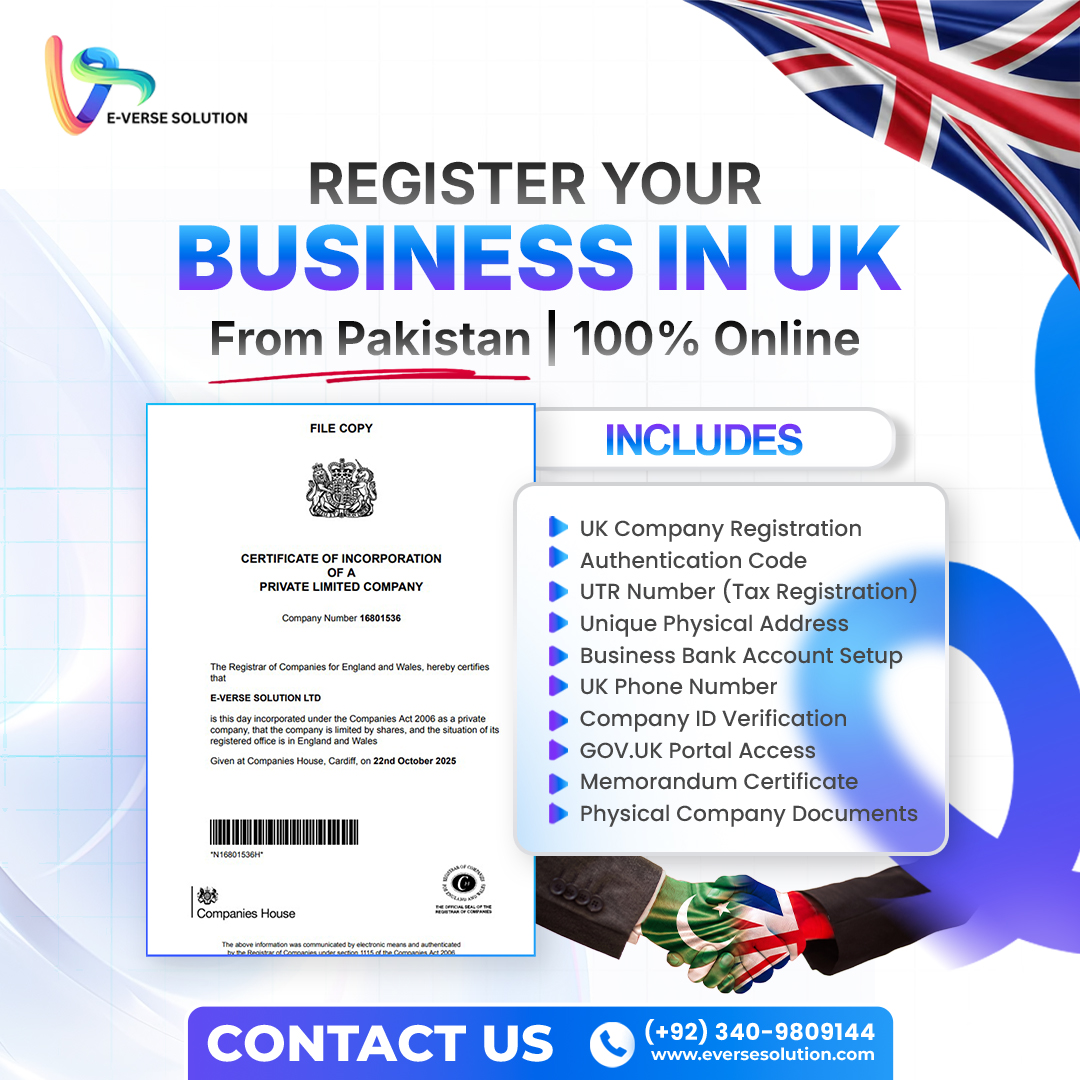 E-Verse Solutions Facebook ad: Start and Manage Your UK Business from Pakistan…