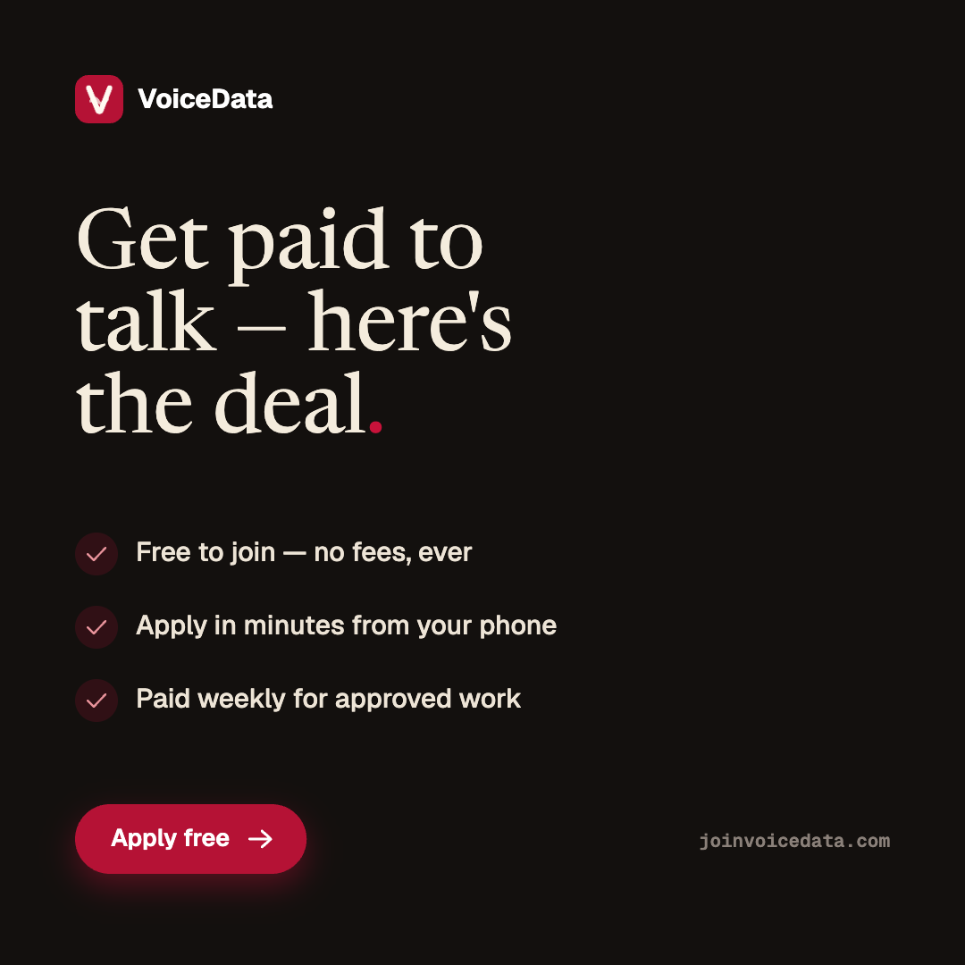 VoiceData Facebook ad: Earn From Home With Your Voice