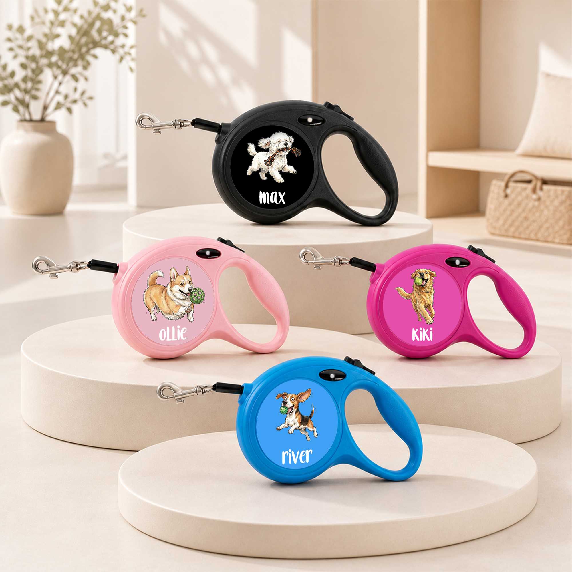 Joymemento Facebook ad: Personalized Pet Portrait Retractable Dog Leash with Name…