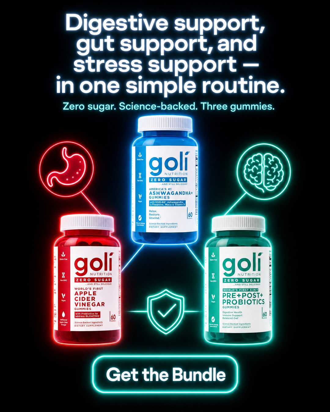 Goli Facebook ad: Digestion, Gut & Stress in Three Gummies