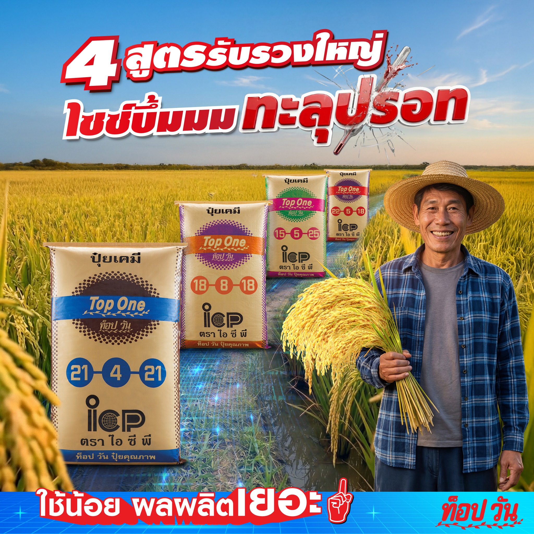 ปุ๋ยท็อปวัน - ใช้น้อย ผลผลิตเยอะ Facebook ad: ข้าวรวงใหญ่ ไซส์บึ้มมม!