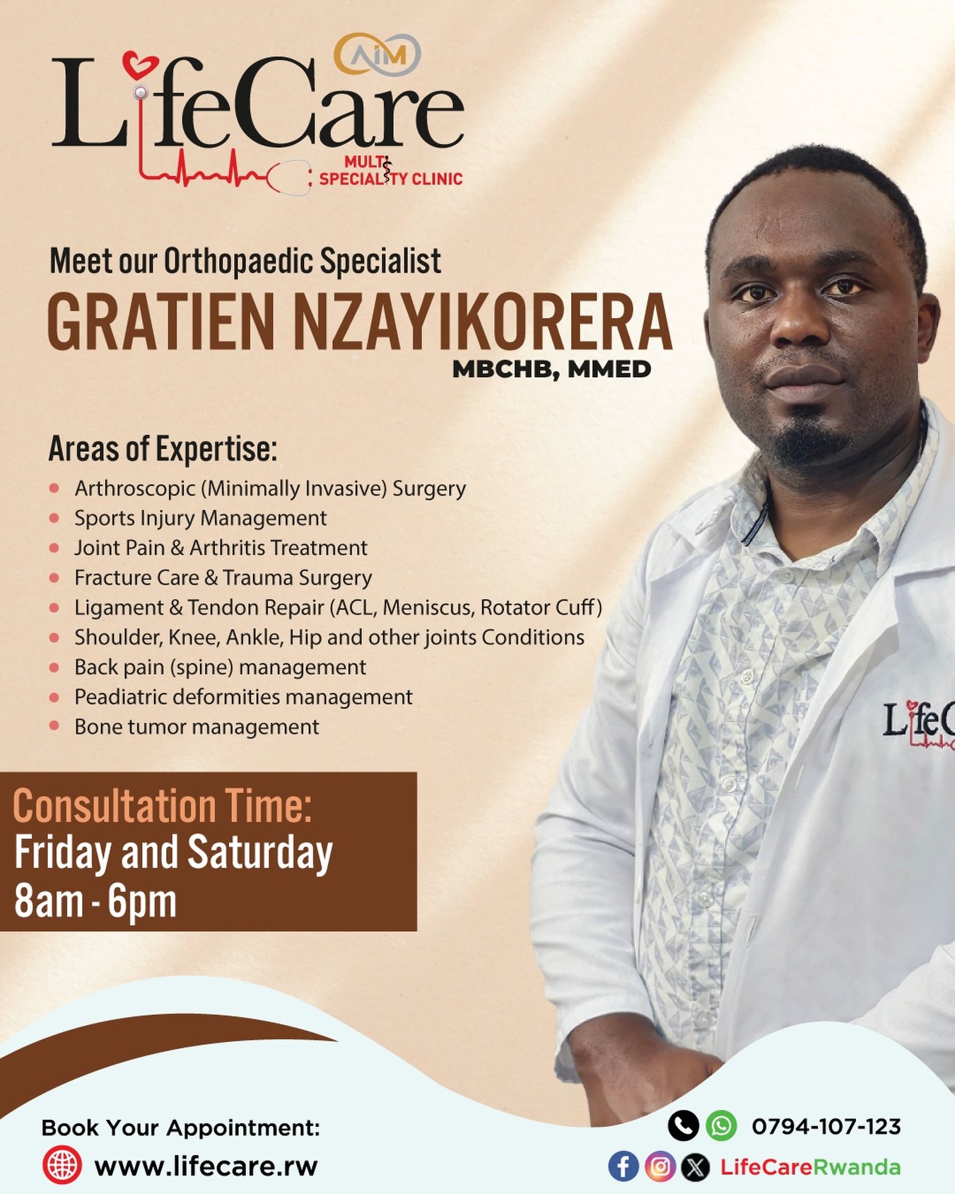 Lifecarerwanda Facebook ad: Introducing our Orthopaedic Specialist, Dr.