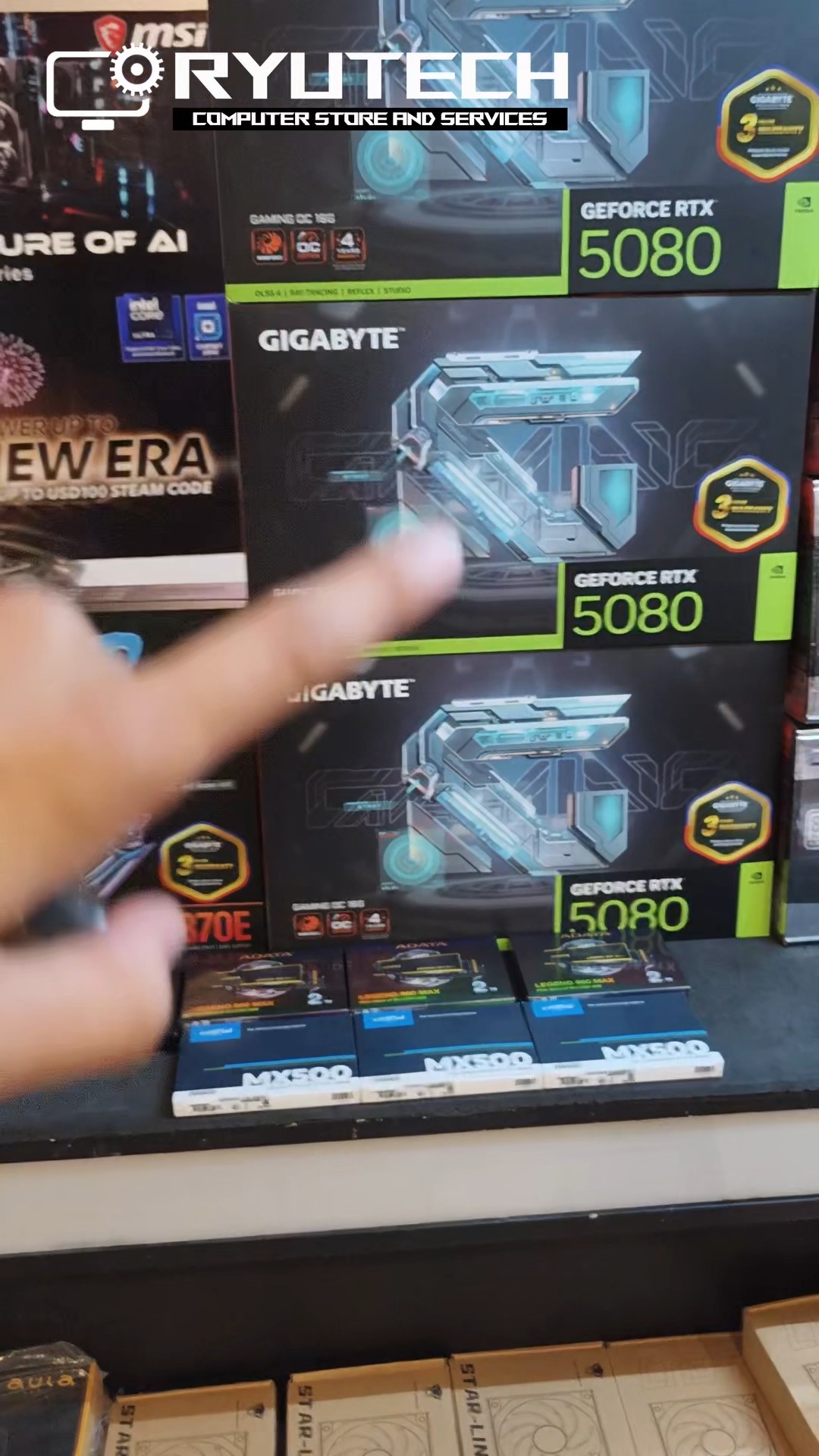 RyuTech PC Store Facebook ad: 3× RTX 5080 CUSTOM PC BUILDS FOR OUR…