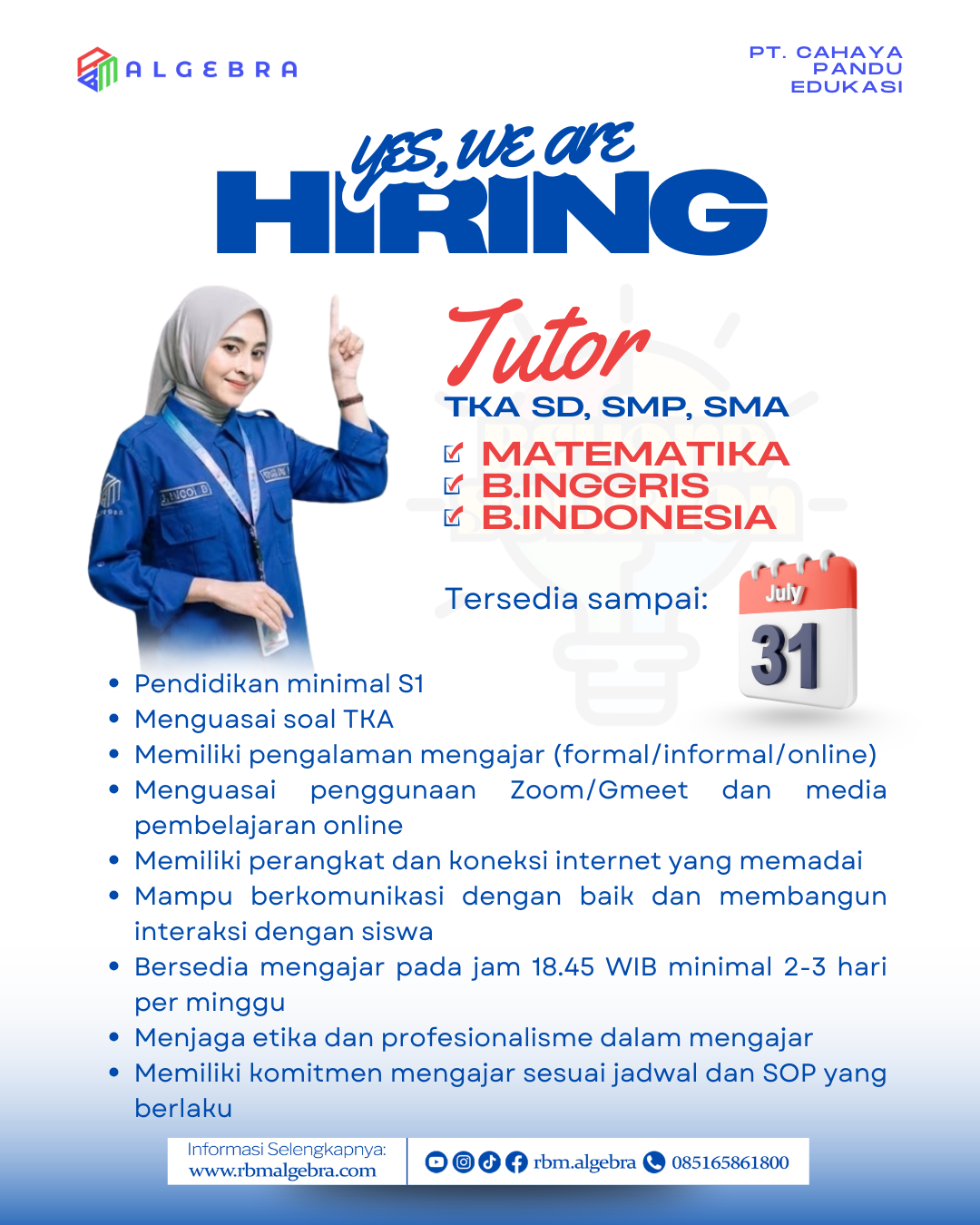 RBM Algebra Facebook ad: LOWONGAN TUTOR ONLINE