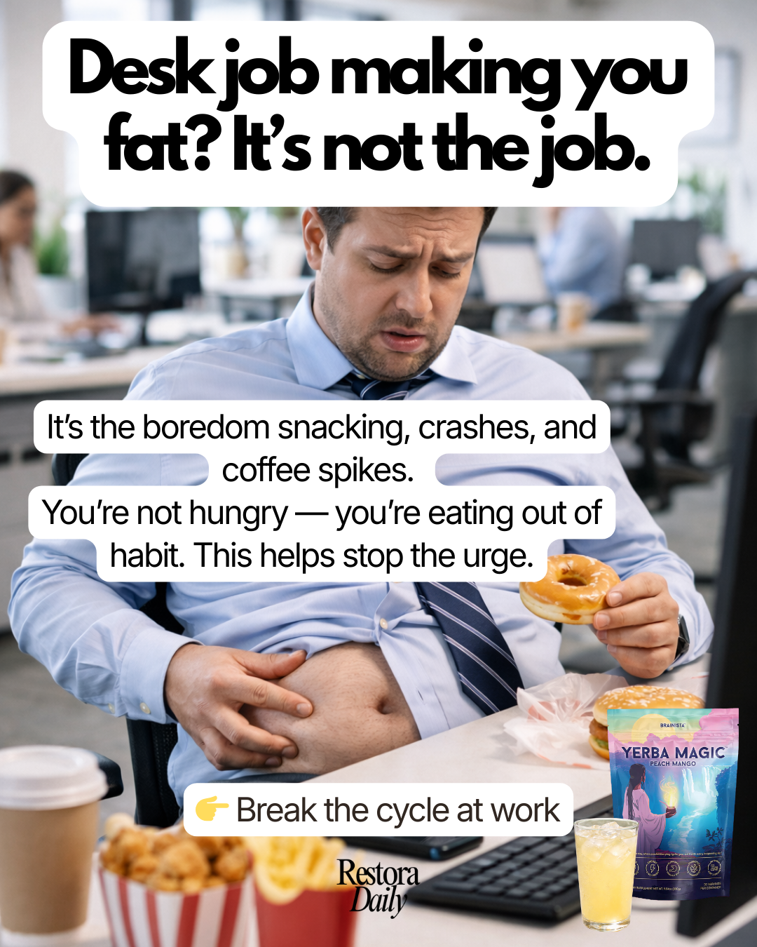 RestoraDaily Facebook ad: Sip Instead of Snack. Claim 30% OFF