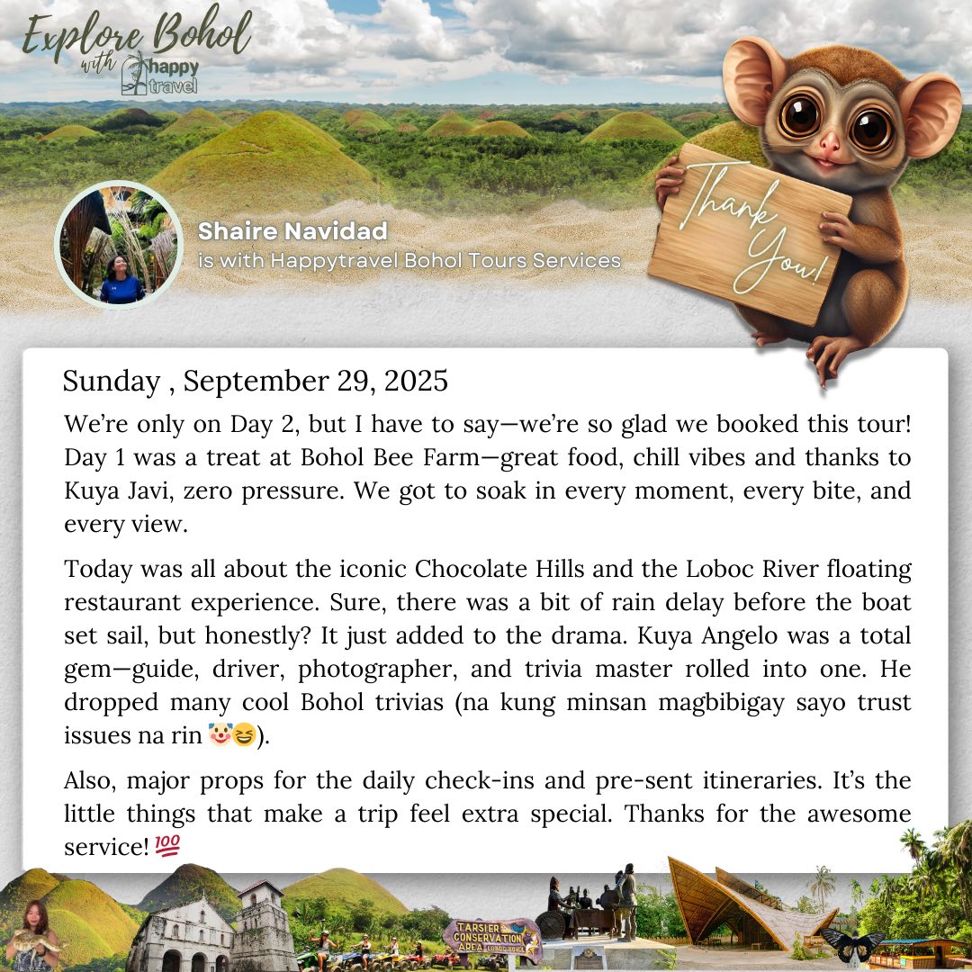 Happytravel Bohol Tour Services Facebook ad: 𝐓𝐡𝐚𝐧𝐤 𝐲𝐨𝐮 𝐬𝐨 𝐦𝐮𝐜𝐡, 𝐦𝐚’𝐚𝐦 𝐒𝐡𝐚𝐢𝐫𝐞!