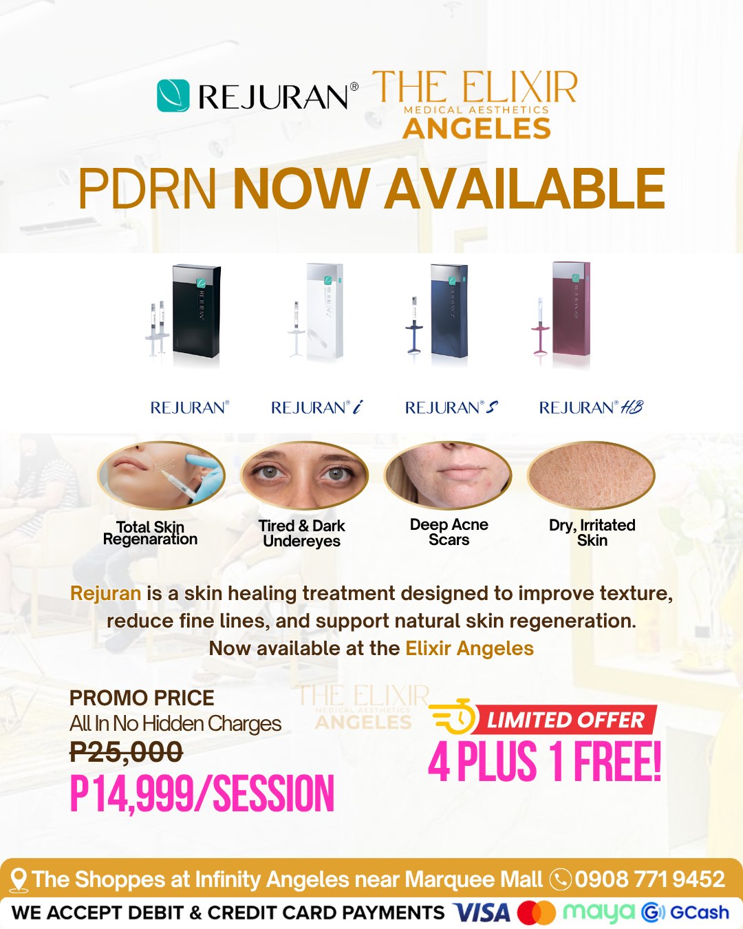 The Elixir Aesthetic Clinic Near Marquee Mall Facebook ad: Introducing REJURAN PDRN Skin Healing Treatment.