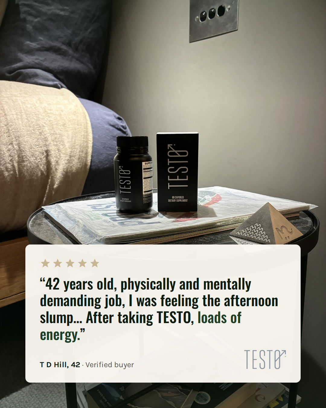 TESTO Facebook ad: 42, demanding job, afternoon slump