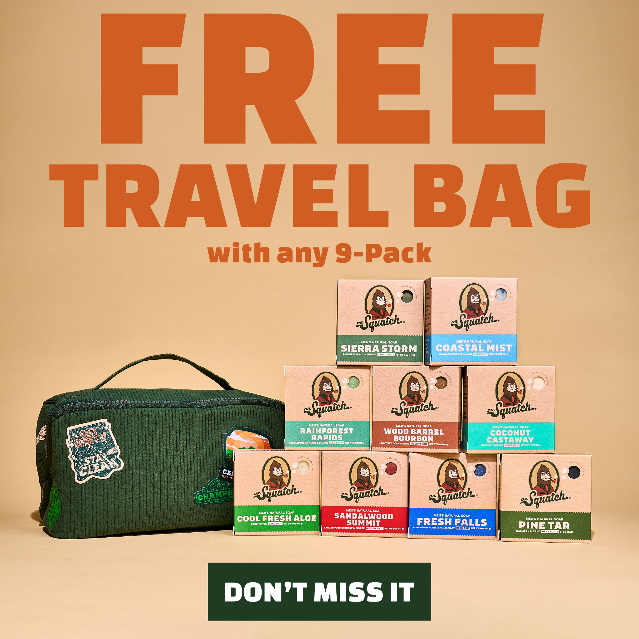 Dr. Squatch Facebook ad: FREE TOILETRY BAG + 39% OFF