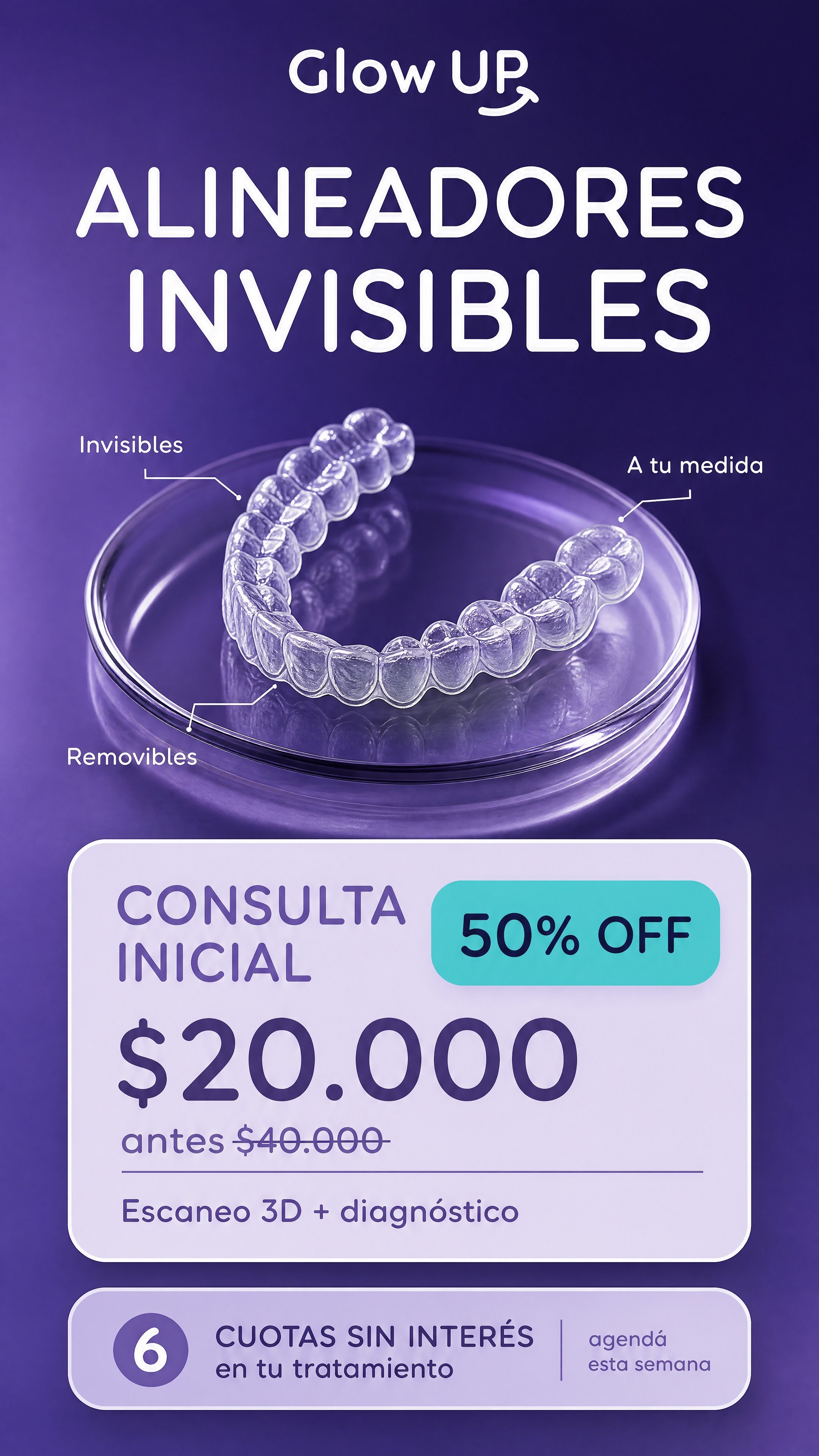 Glowup Argentina Facebook ad: Tu consulta inicial al 50%: $20.000 (antes $40.000).